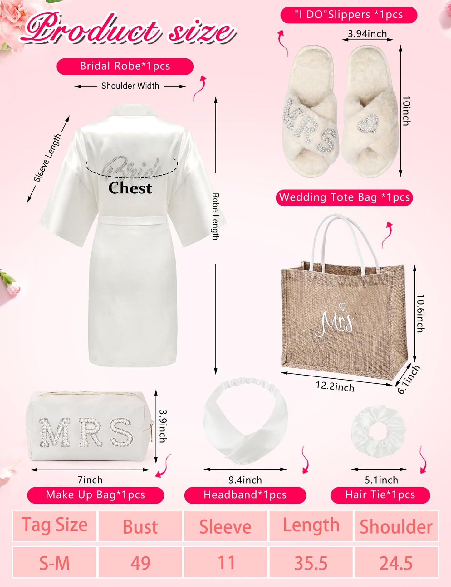 ALHAVONE 6 Pcs Women Bride Robe with Accessories for Bride Bachelorette Party Engagement Honeymoon Bridal Shower Gift (White, LXL)