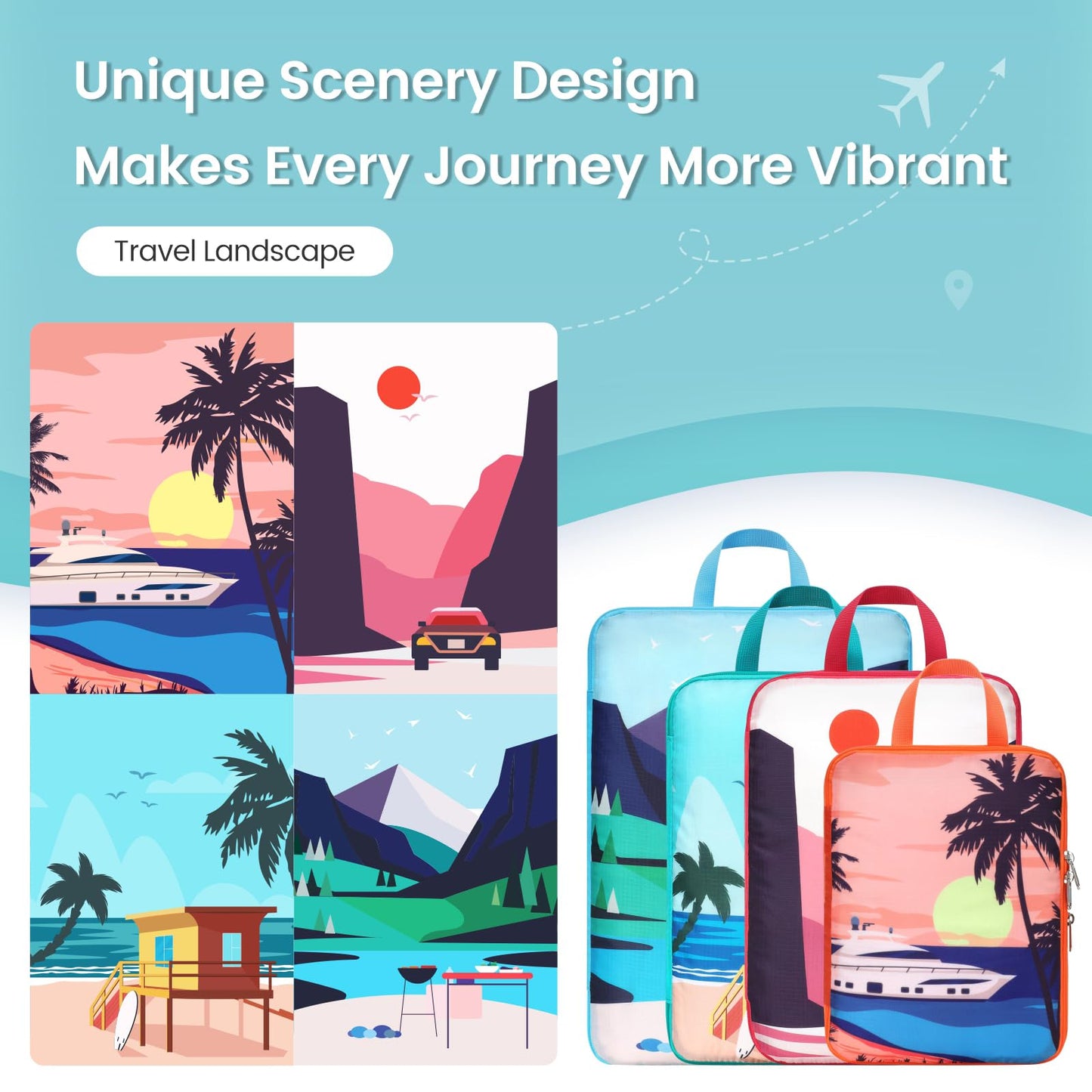 Cambond See Through Mesh Compression Packing Cubes for Travel Women - 4 Set Compression Cubes for Travel, Lightweight Expandable Packing Organizers for Luggage Suitcases, Tourist Landscape