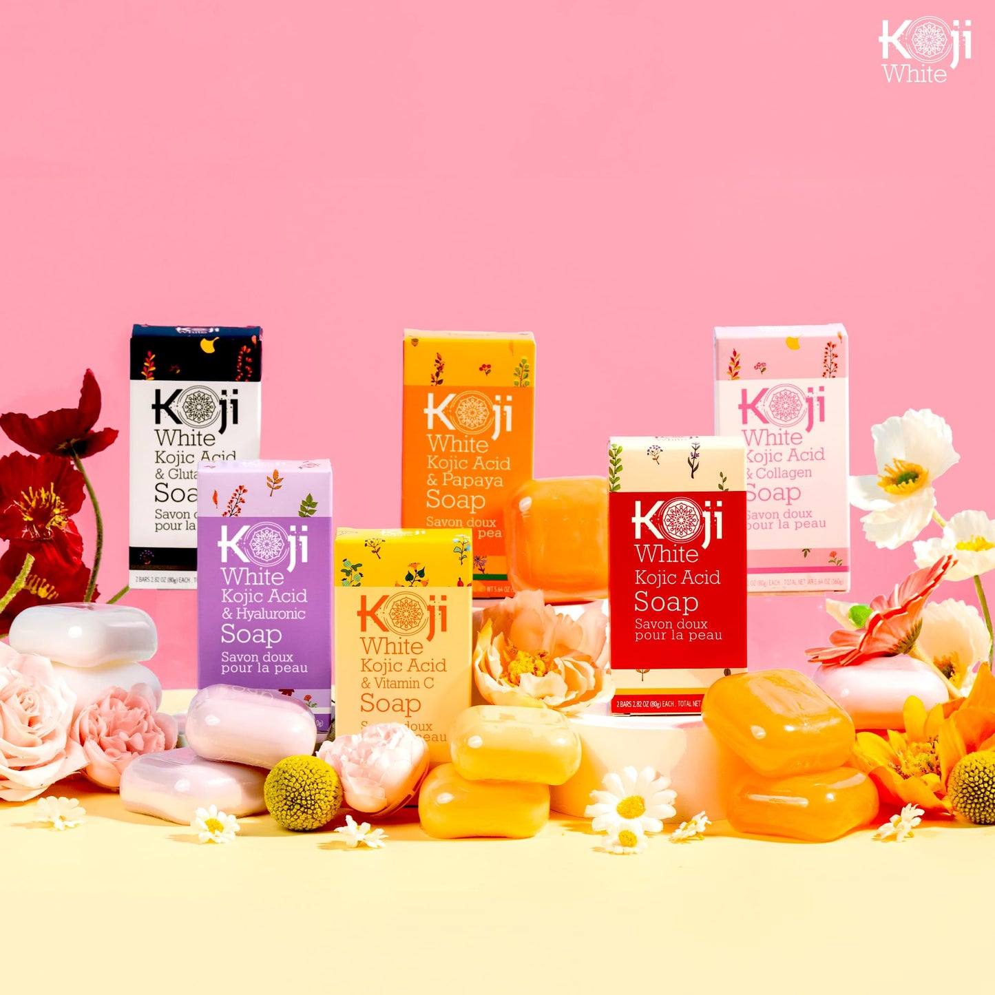 Koji White Kojic Acid & Collagen Skin Brightening Soap for Face & Natural Glowing Skin - Moisturizer, Body Cleansing Bar, Reduce the Appearance of Wrinkles, Vegan, Paraben-Free, 2.82 oz (2 Bars)