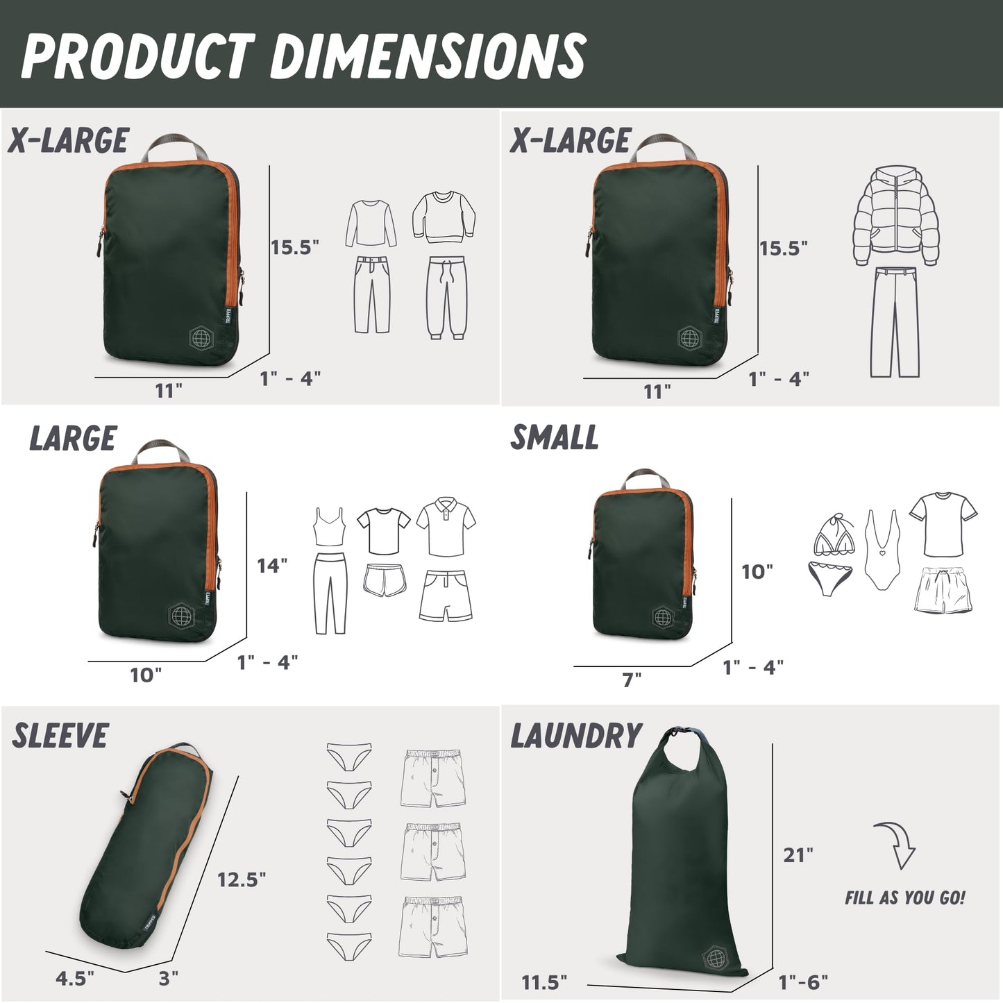 Large Compression Packing Cubes for Travel-Packing Cube Luggage Organizers 7 Piece Set for Checked Luggage-Ultralight, Expandable/Compression Bags by TRIPPED Travel Gear (Green and Brown)