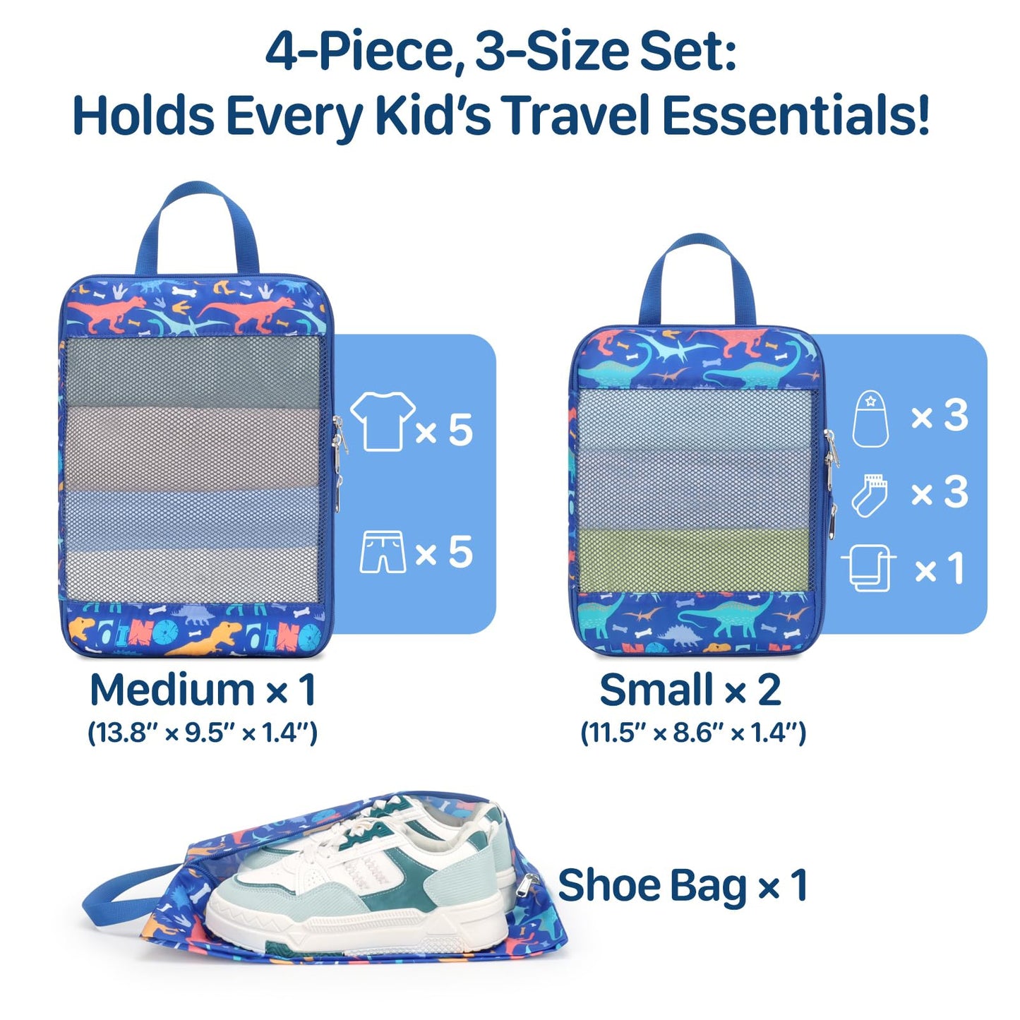 BrainyBees Kids Packing Cubes Compression - 4 Set Suitcase Organizers Bags for Travel and Backpack Luggage Organizer Set with Shoe Bag for Boys (Blue Dinosaur)