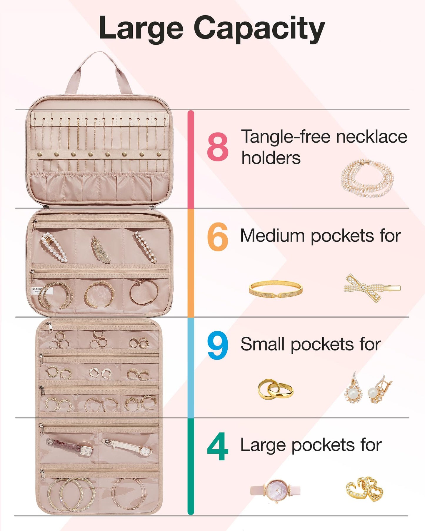 BAGSMART Travel Jewelry Case, Hanging Roll Jewelry Bag with Zipper Pockets Jewelry from Oxidation, Large Capacity for Earrings, Necklaces, Rings on Closet, Wall, Door, Portable Travel Essentials, Pink