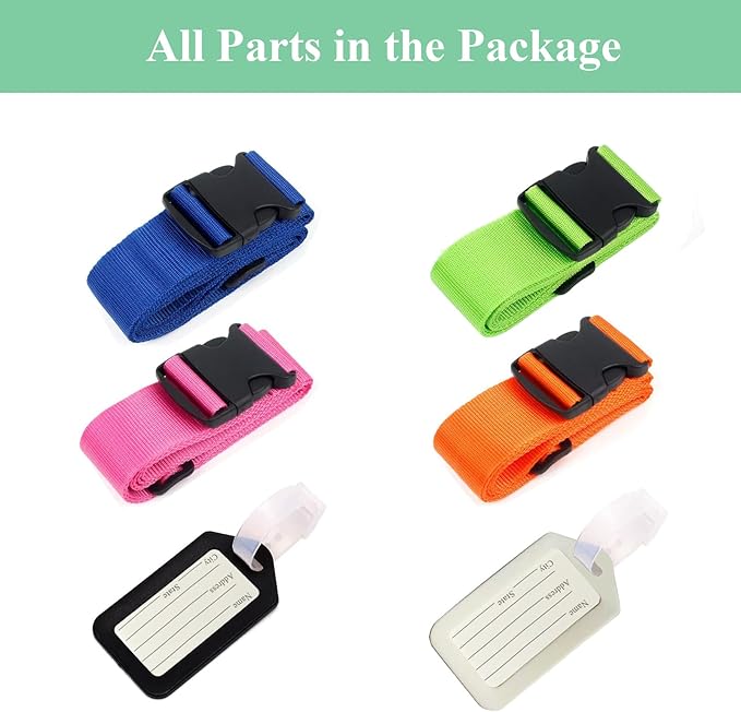 4PCS Luggage Straps for Suitcases & 2PCS Tags Set for Easy Identification,Travel Accessories for Safety,Luggage Strap for Travel Suitcase & Bag Closure,Mixed Colors