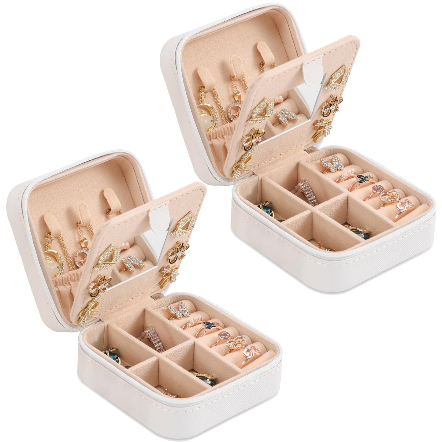 XZUZ Small Travel Jewelry Box With Mirror, Portable Jewelry organizer Display Storage Box for Earrings Rings Necklaces, Jewelry ase for female Girls (White 2pcs).