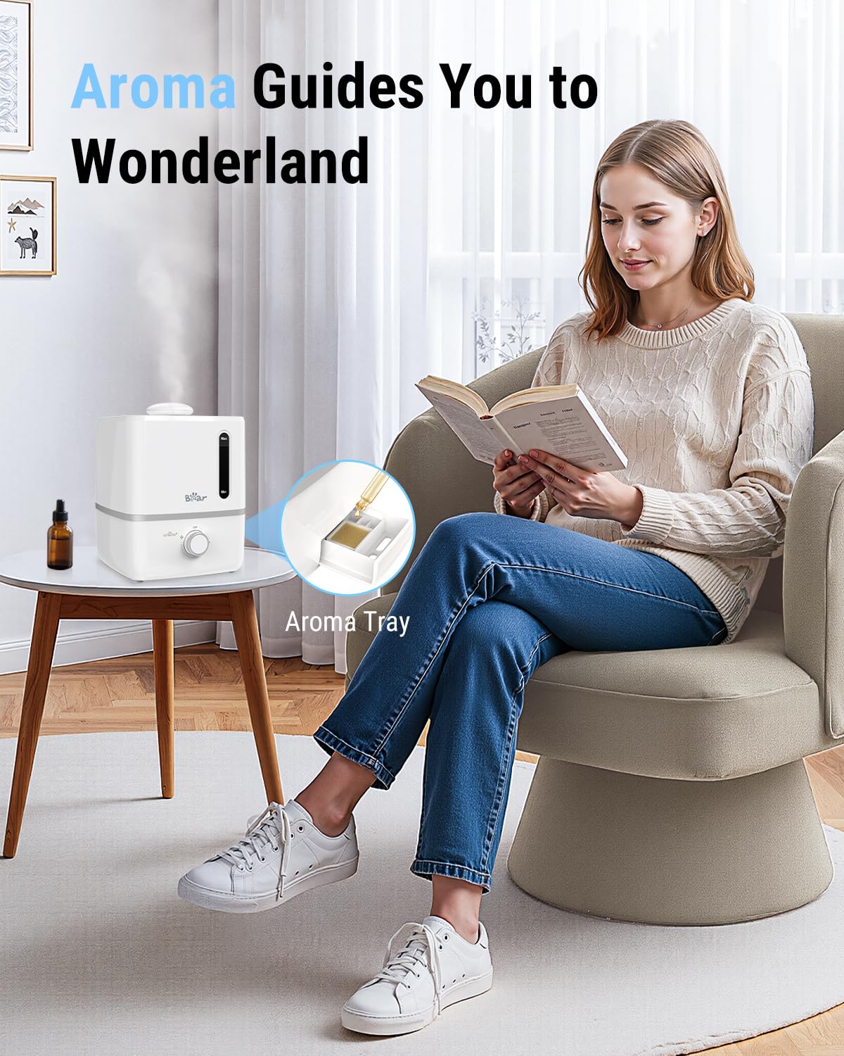 Bear Humidifiers for Bedroom, 3L Cool Mist Humidifiers and Oil Diffuser, Quiet Rapid humidifiers for Home Whole House, with Adjustable Mist Output and Auto Shut-off, White
