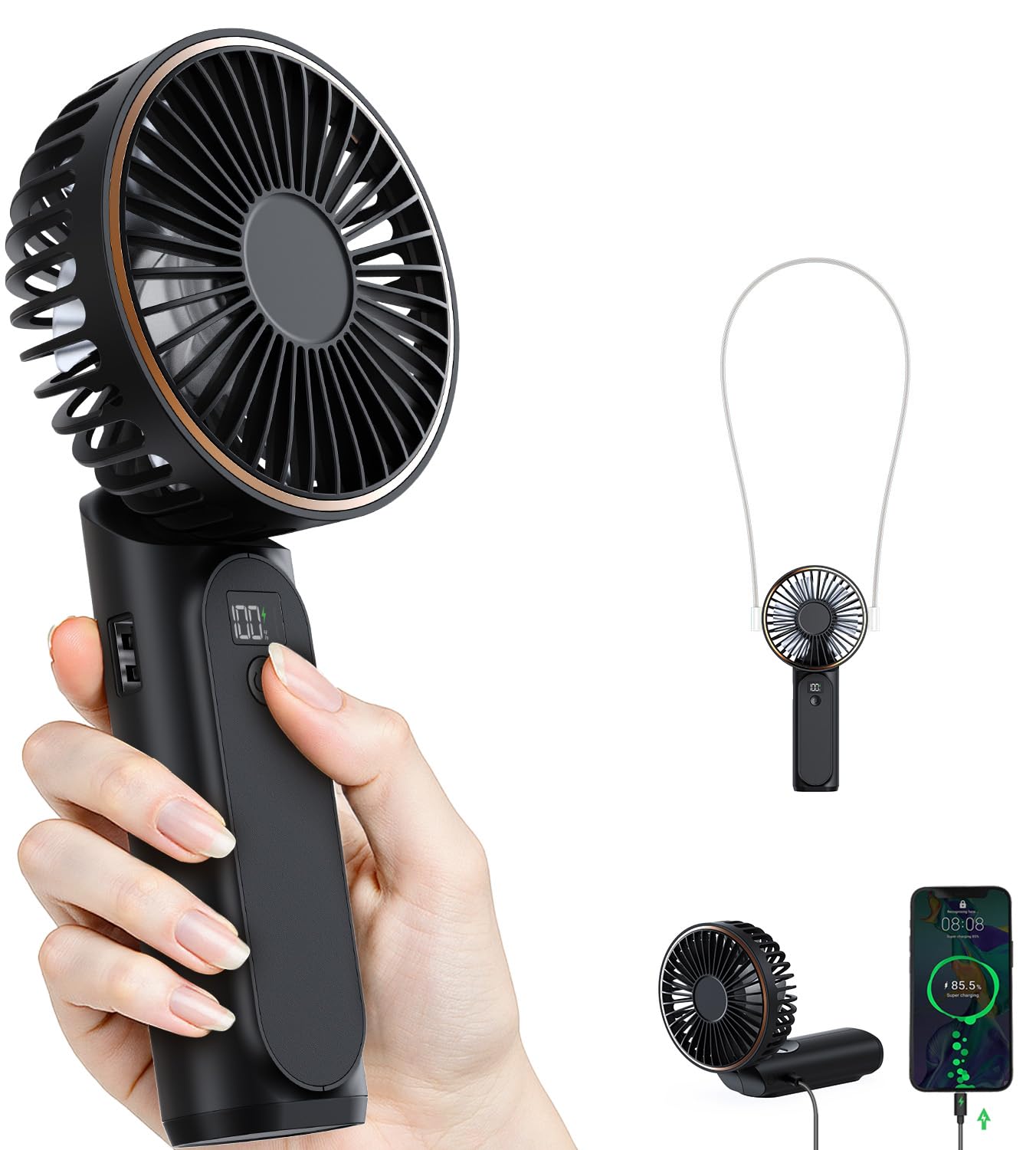 TUNISE Portable Handheld Fan, 4000mAh, 180 Adjustable, 6 Speed Wind, Display Electricity in Real Time, USB Rechargeable Foldable Personal Fan