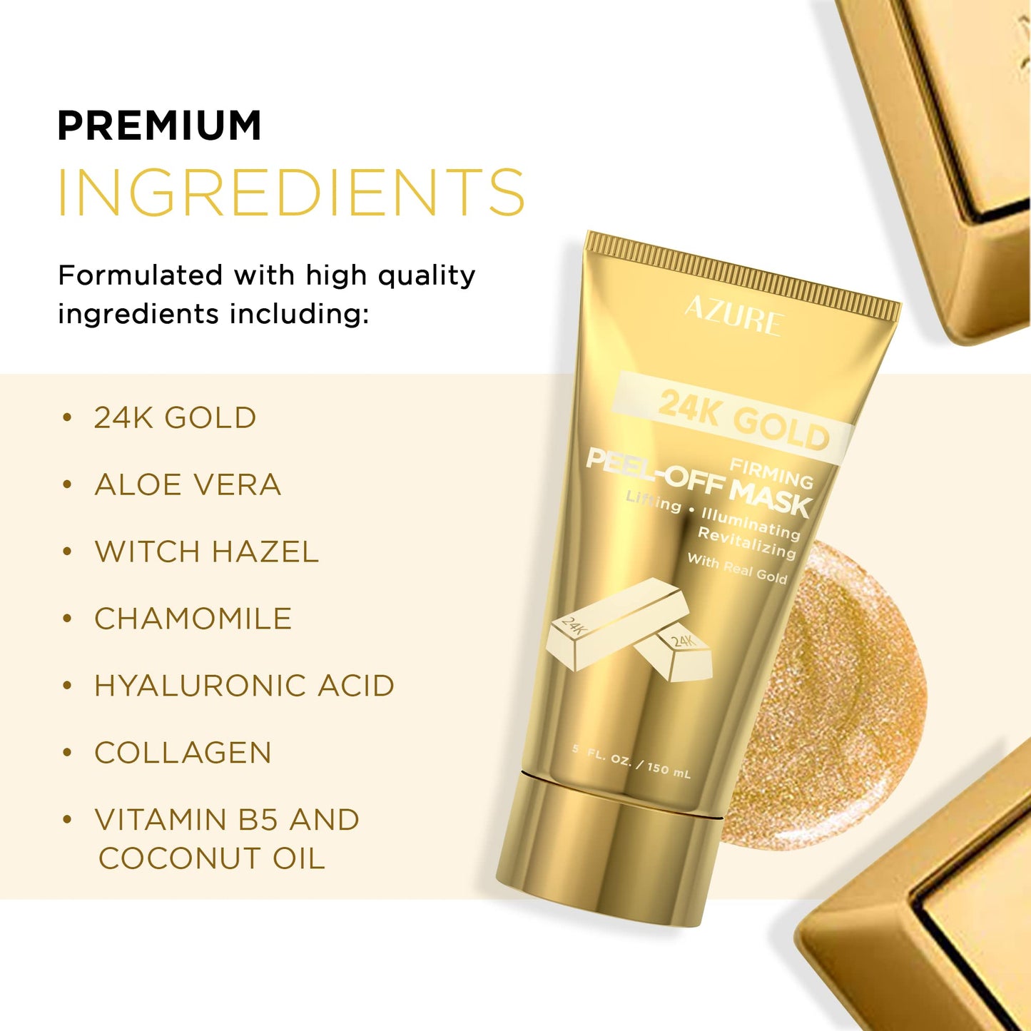 24K Gold Firming Peel Off Face Mask โ Removes Blackheads, Dirt & Oils | Firms Lifts & Moisturizes | Reduces Wrinkles, Fine Lines & Acne Scar - 150mL