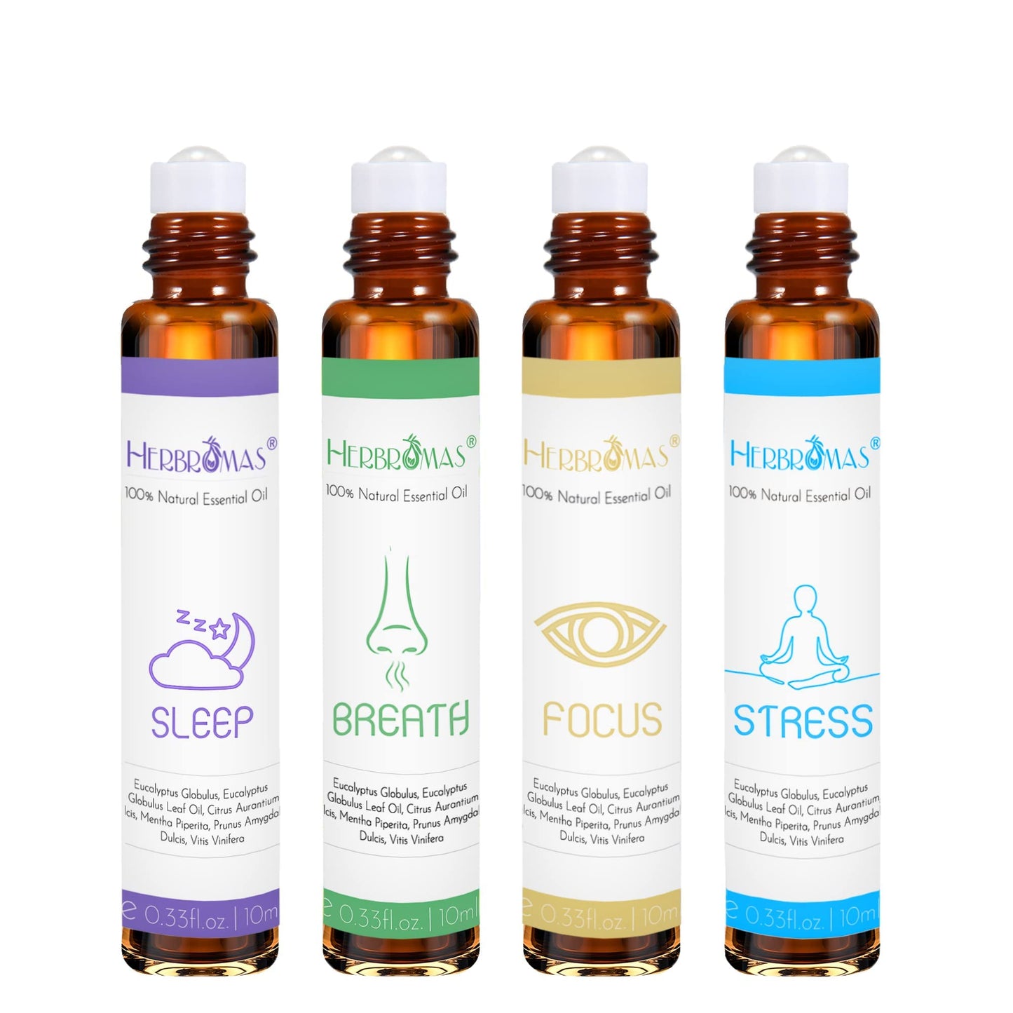 HERBROMAS Aromatherapy Oils Roller Set, Natural Pre-diluted Essential Oils Roll On with Glass Rollerball, Relaxation Gift for Women & Men, Christmas Gift, Pack 4 x 0.33fl.oz