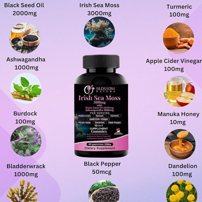 10-in 1 Irish Sea Moss Gummies 3000mg with Black Seed Oil Ashwagandha Bladderwrack Burdock Turmeric Apple Cider Vinegar Manuka Honey Dandelion - for Immune and Digestive System, Made in US