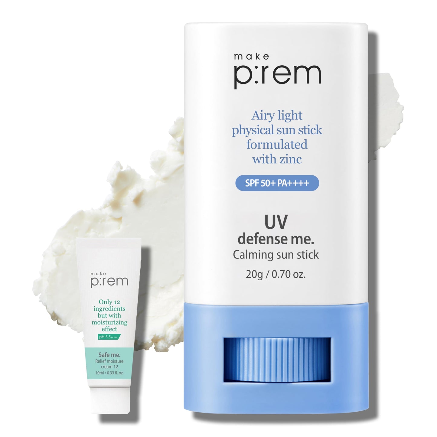 MAKEPREM UVA UVB Defense Me Calming Sun Stick Sunblock SPF 50+ PA++++ 0.7 Oz VEGAN Sensitive Oily Acne-Prone Skin Reef-Safe Mineral Sunscreen Non-Nano No Chemical UV Protection Non-Greasy Sticky Kids