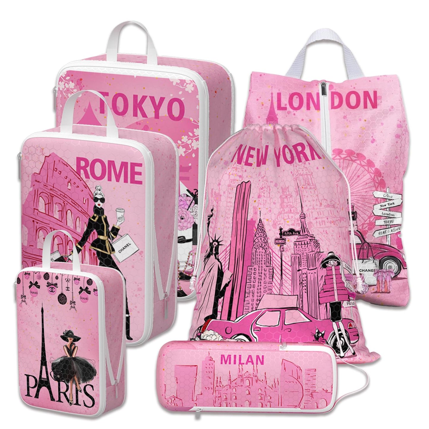 Compression Packing Cubes for Travel, 6 Set Pink Fashion Luxury Girly Luggage Organizers, Lightweight Waterproof Expandable/Compression Bags Smell Proof Travel Packing Cubes for Suitcases