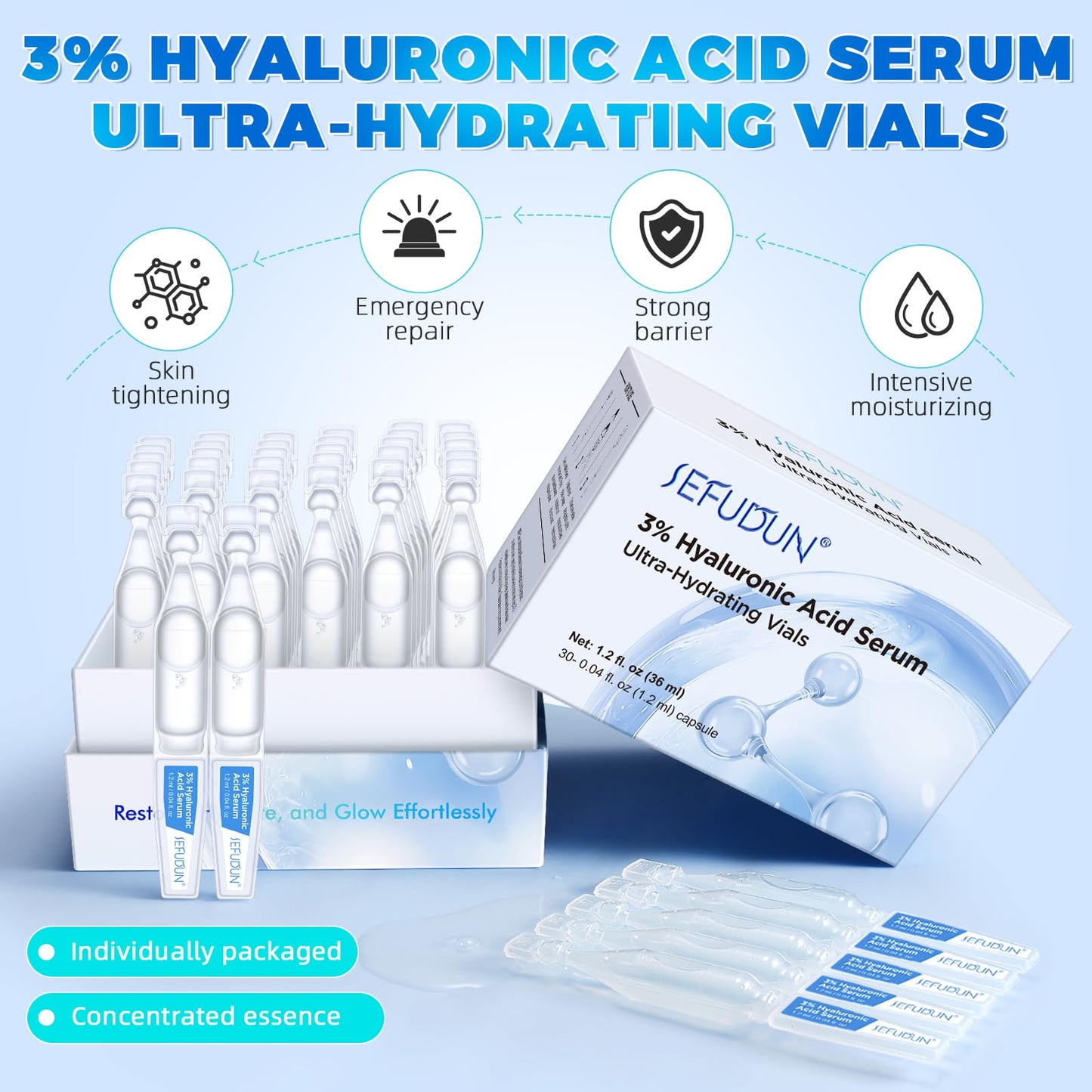 3% Hyaluronic Acid Serum Ultra-Hydrating Vials 30 pcs - 3% Hyaluronic Acid Serum For Face - Single Use Hyaluronic Acid Tubes - Intensive Moisturizing, Skin Tightening, Emergency Repair, Anti-Aging