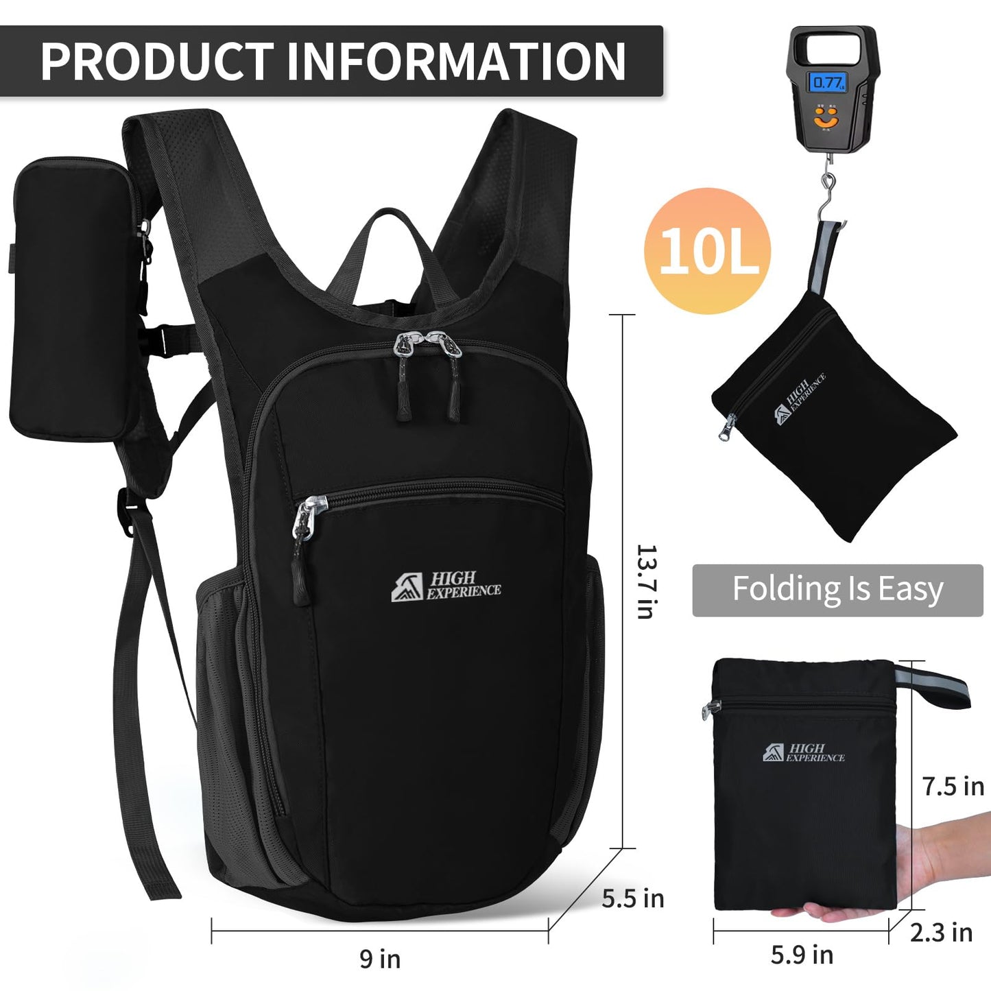 HIGH EXPERIENCE Hiking Backpack 10L/15L Small Daypack Lightweight Packable Travel Foldable Water Resistan for Women Men (Black, 10L)
