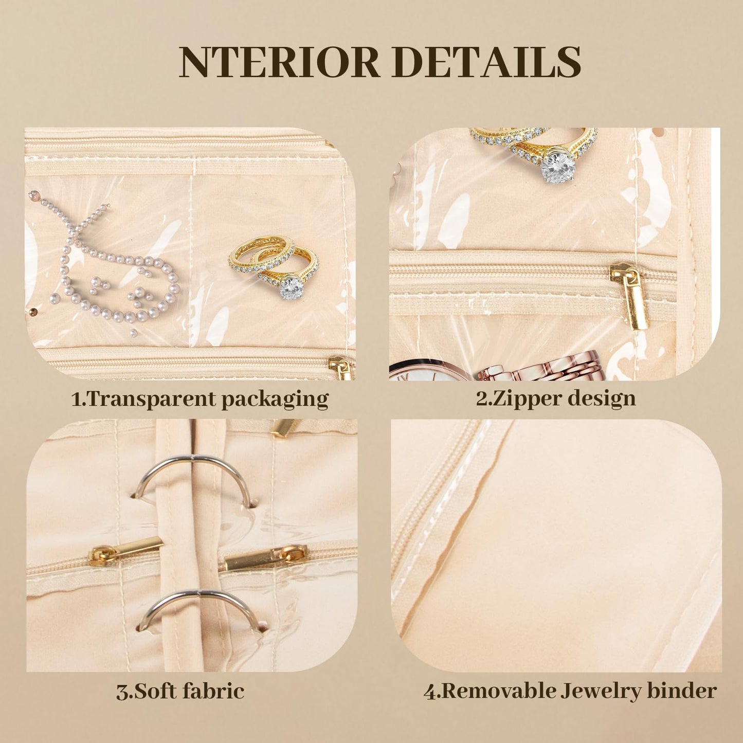 Dayacoco Travel Jewelry Organizer, Jewelry Storage Case Box with 6 Transparent Portable Clear Zipper Velvet Pouches for Earrings, Necklaces, Rings, Bracelets, Traveling, Gifts for Women (Beige)