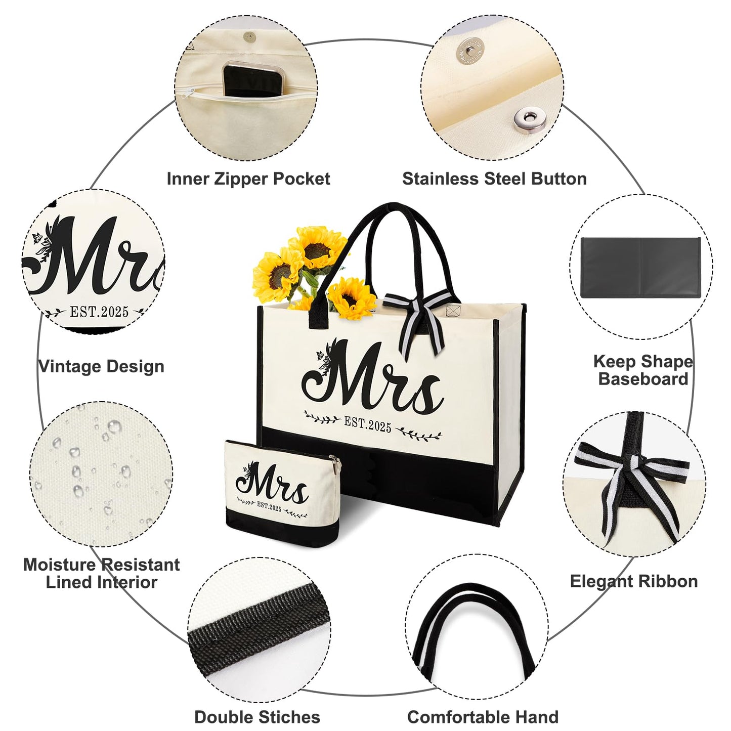 Vanqruo Mrs 2025 Bride Canvas Tote Bag with Makeup Bag, Wedding Gifts for Bridal Shower Bachelorette Party Engagement Honeymoon, Miss to Mrs, Bride to Be Gifts