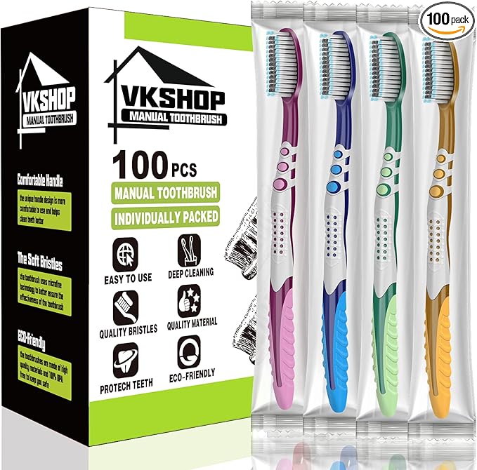 100 Bulk Travel Toothbrushes, Portable Individually Wrapped Toothbrush for Adult Children, Disposable Soft Bristle Manual Toothbrush Set (4 Colors)