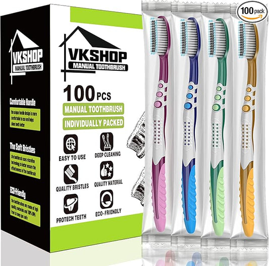 100 Bulk Travel Toothbrushes, Portable Individually Wrapped Toothbrush for Adult Children, Disposable Soft Bristle Manual Toothbrush Set (4 Colors)