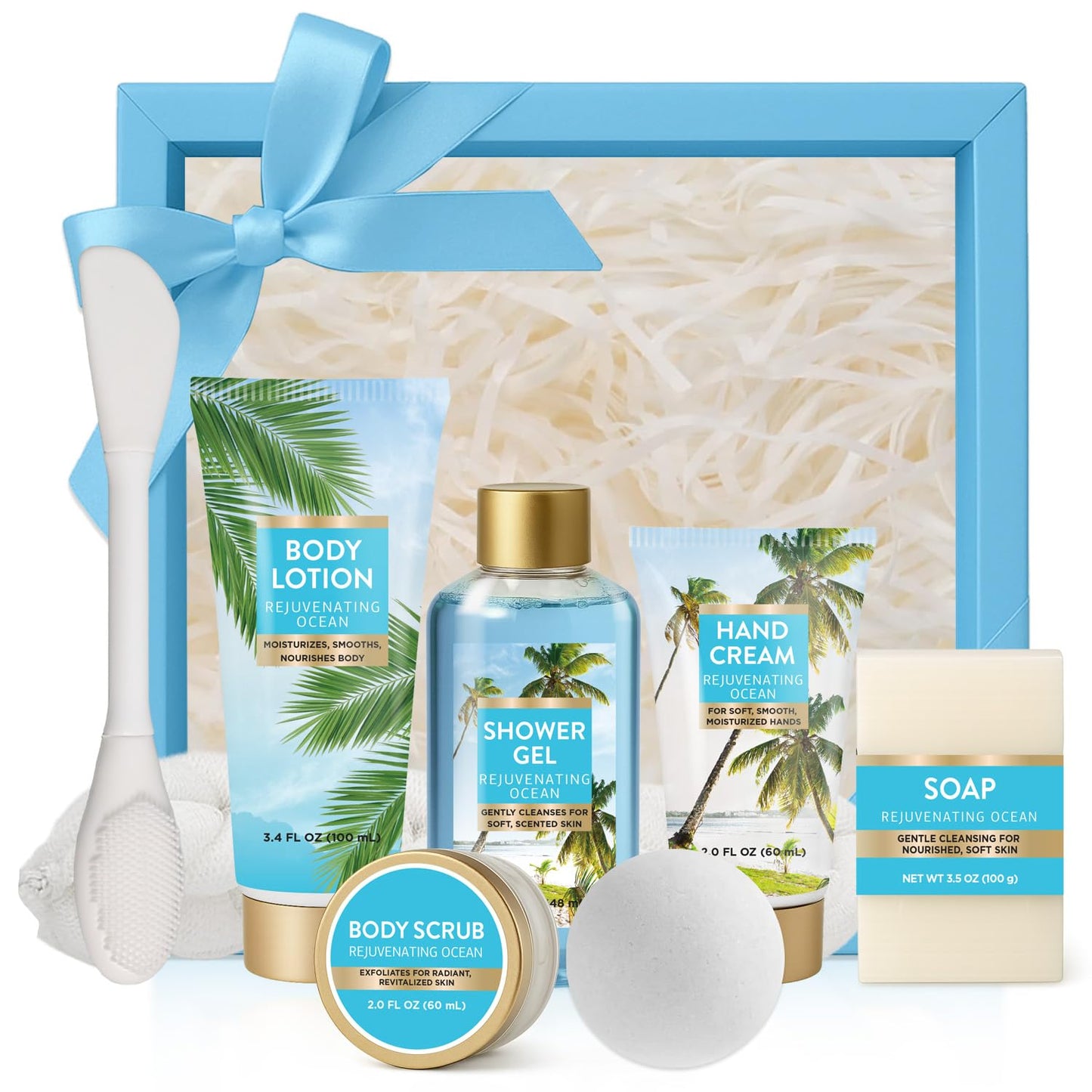 Ocean Breeze Spa Gifts for Women, 8 Piece Bath Set with Bubble Bath & Bath Bombs, Refreshing Gift Baskets for Her, Self Care Package with Body Scrub, Lotion, Hand Cream