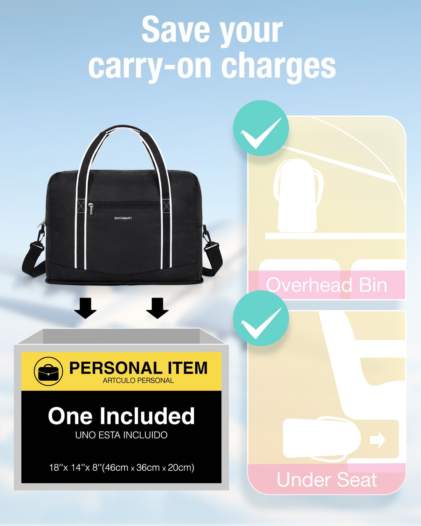 BAGSMART For Spirit Airlines Personal Item Bag 18x14x8, Foldable Travel Duffel Bag Tote Weekend Overnight Bag Carry on Luggage for Women and Men(Black)