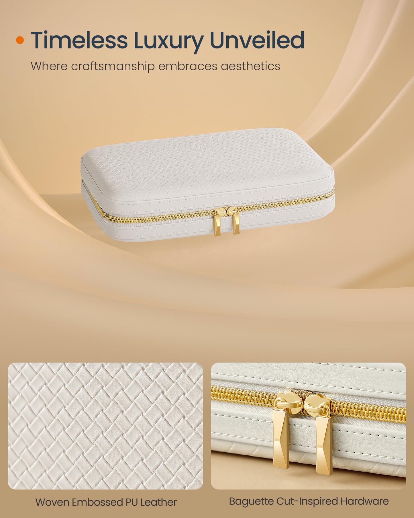 SONGMICS HOME Travel Jewelry Case, Jewelry Organizer Box with Mirror, Jewelry Pouch, Woven Embossed PU Leather, Hard Shell, Large Capacity, Gift Idea, Cloud White UJBC204W01