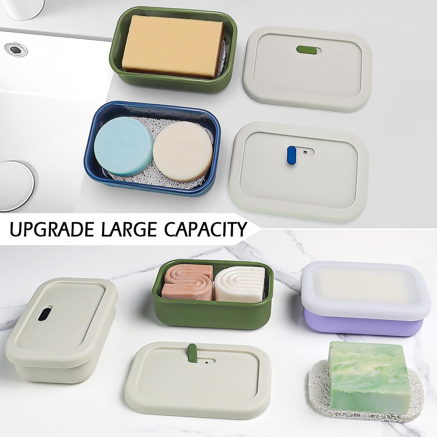 AIDIMMING Silicone Enhanced Leak Proof Travel Soap Case, Vented Shampoo Bar Holder, Large Bar Soap Box with Lid Portable Soap Dish with Draining Layer (Offwhite& Green)