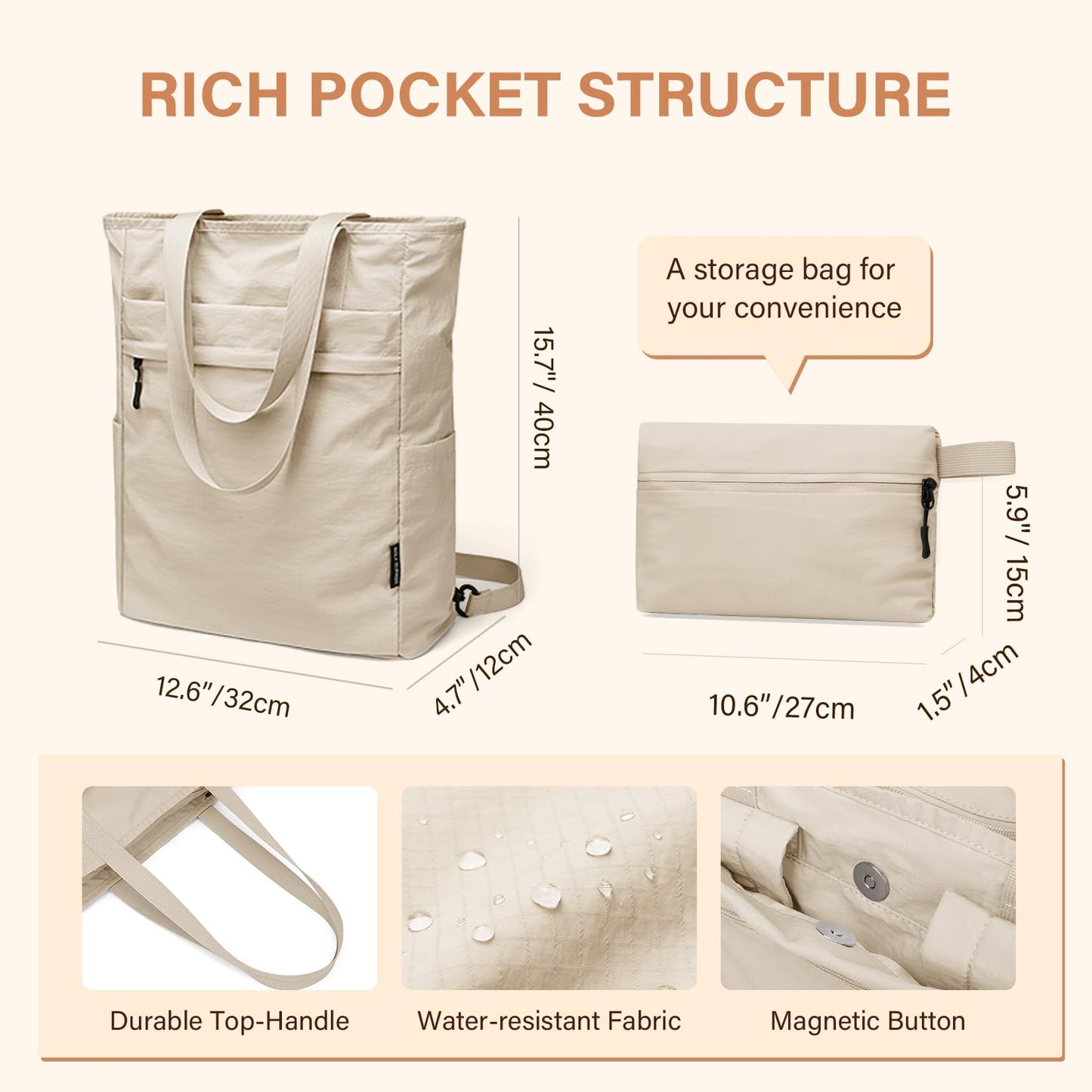 GOLF SUPAGS Foldaway Convertible Tote Backpack Lightweight Nylon Daypack for Women Men City Pack Versatile Backpack for Leisure Travel, Apricot