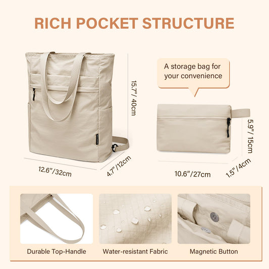 GOLF SUPAGS Foldaway Convertible Tote Backpack Lightweight Nylon Daypack for Women Men City Pack Versatile Backpack for Leisure Travel, Apricot