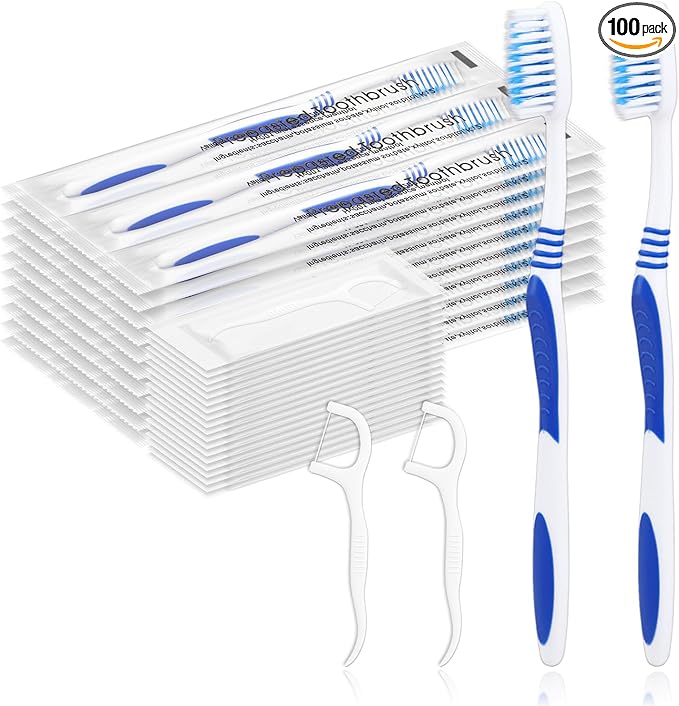 100 Prepasted Disposable Toothbrushes with Dental Floss Individually Wrapped Pre Pasted Toothbrushes Soft Bristle Travel Tooth Brush Single Use Wrapped for Hotel, Camping, Travel, Homeless