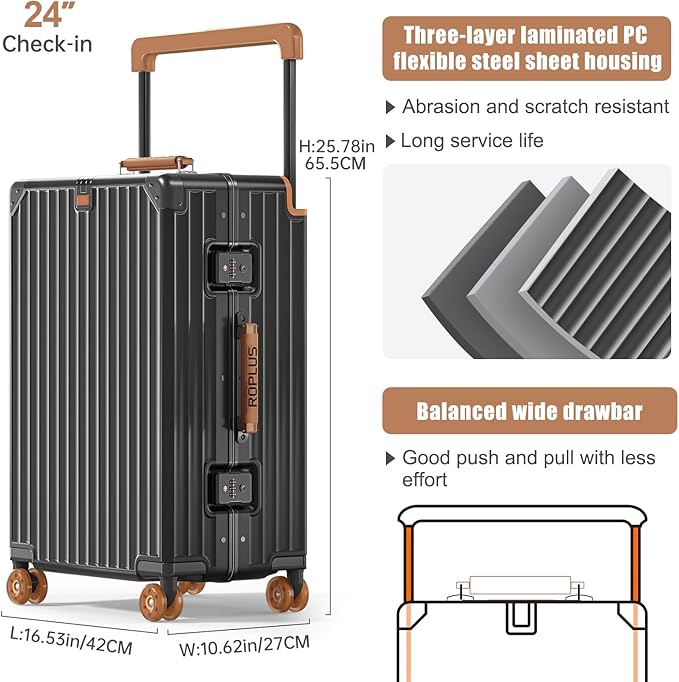 Aluminium Frame Checked-Luggage with Smooth Jelly Wheels, Hardside Zipperless Rolling Suitcase with TSA Lock (Grey, 24-Inch)