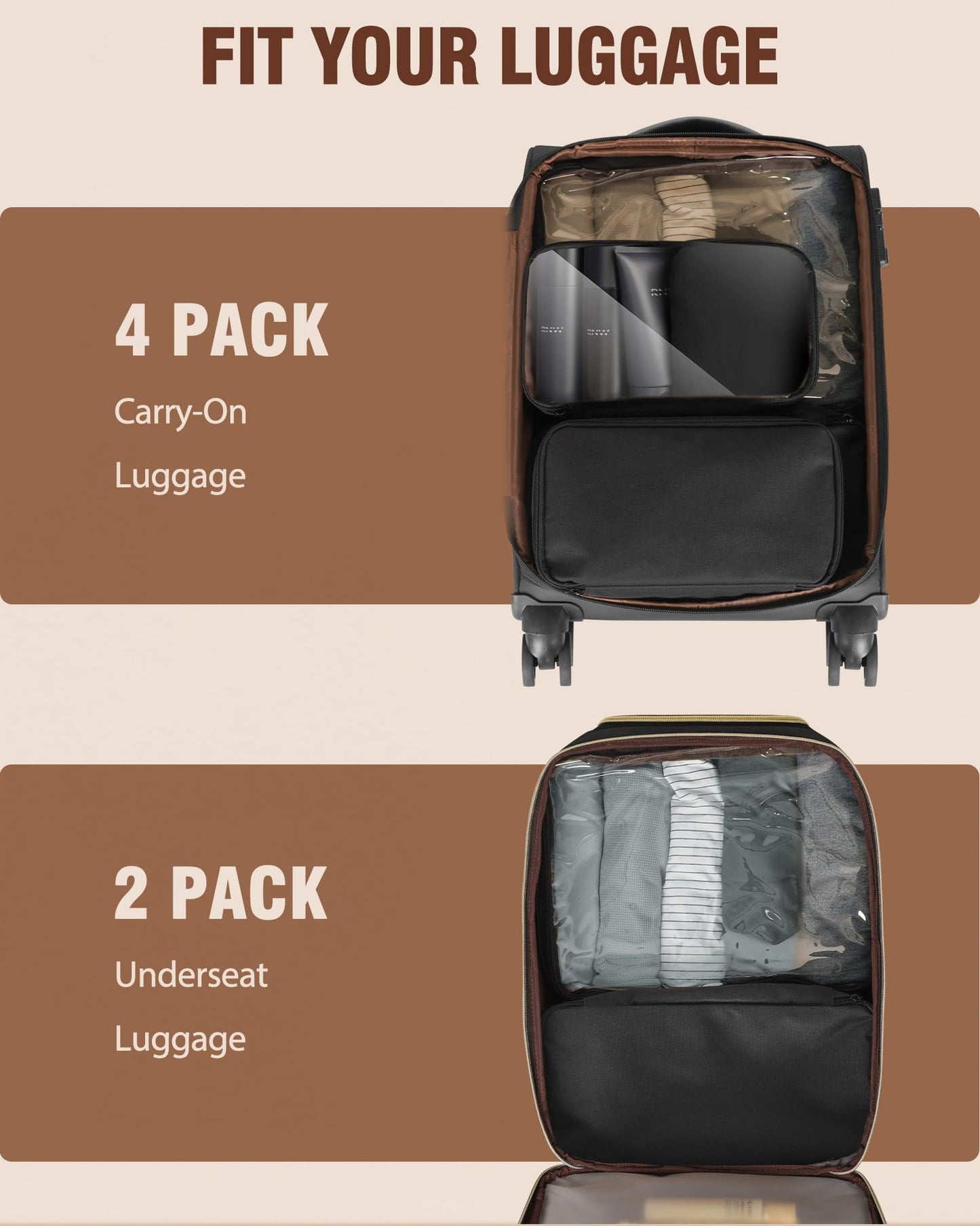 4 Set Packing Cubes, Suitcase Organizer Bags for Clothing, Toiletry, Shoe and Underwear, Durable Carry On Luggage Organizers with Zipper, Travel Essentials Accessories for Women and Men