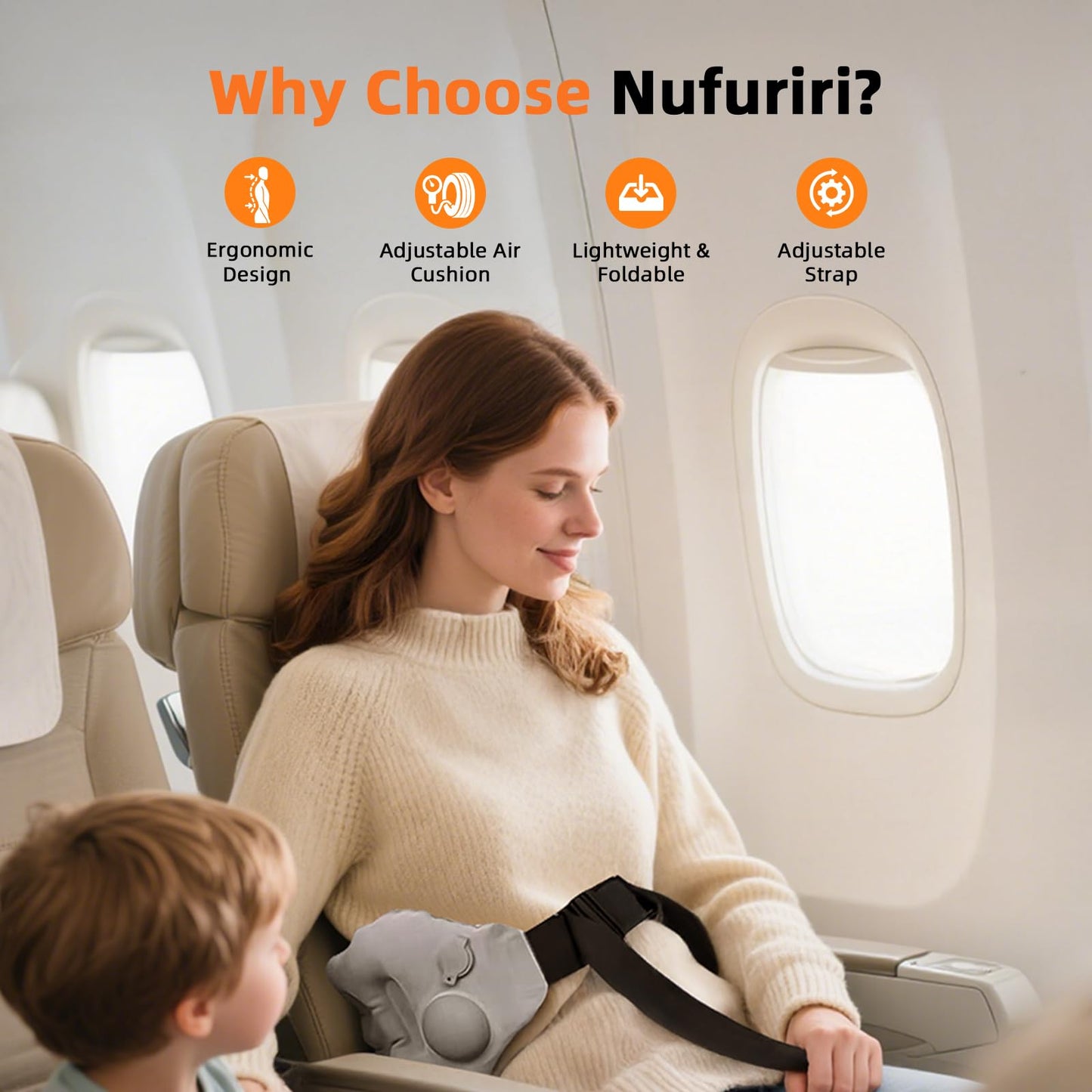Nufuriri Inflatable Back Support Pillow for Travel – Foldable Travel Back Pillow for Airplane, Office, Car, Home – Adjustable Belt & Hand-Press Inflation, Compact & Lightweight