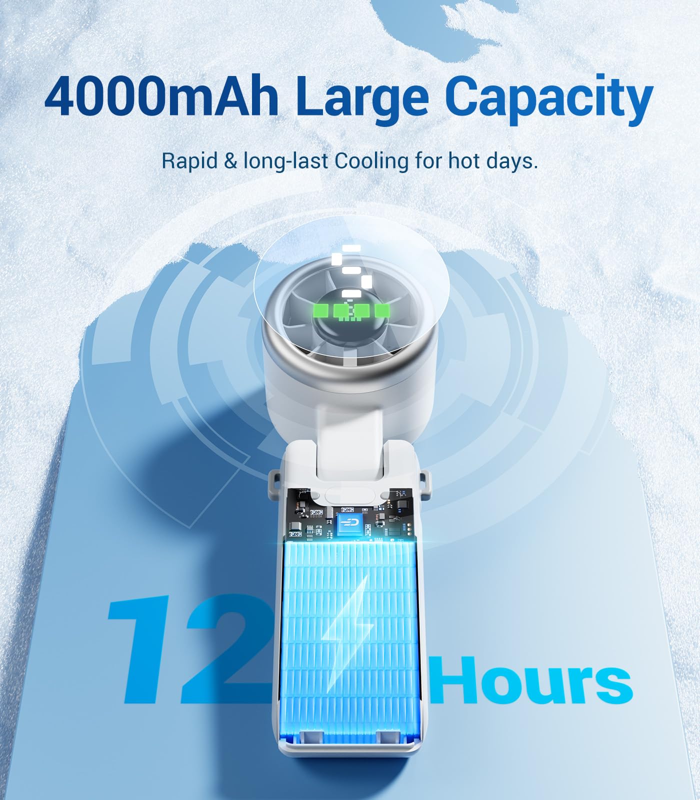 Diveblues Portable Handheld Turbo Fan, 5 Gear Wind, Battery Operated, Up to 12 Working Hours, 3 IN 1 Hand Fan with Air Turbo Tech Cooling Fan for Outdoor Activities, Travel, Working, Silvery white