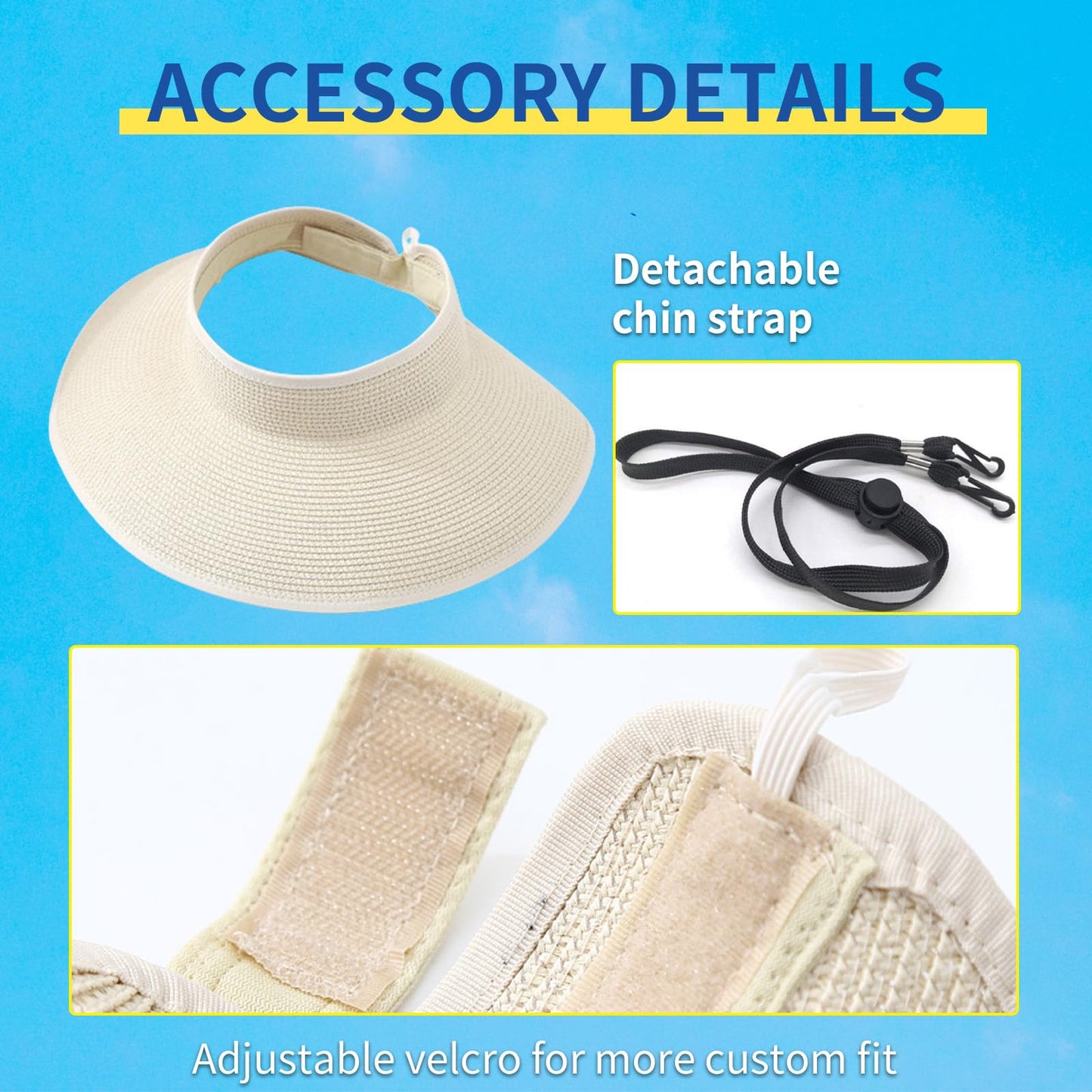 Hzcigav Ultimate UV Protection UPF Women’s Sun Visor Hat - Wide Brim, Lightweight, Breathable, Roll-Up, Foldable, Packable, Adjustable, Straw Sun Hat UPF 50+, Stylish Beach Accessory for Women