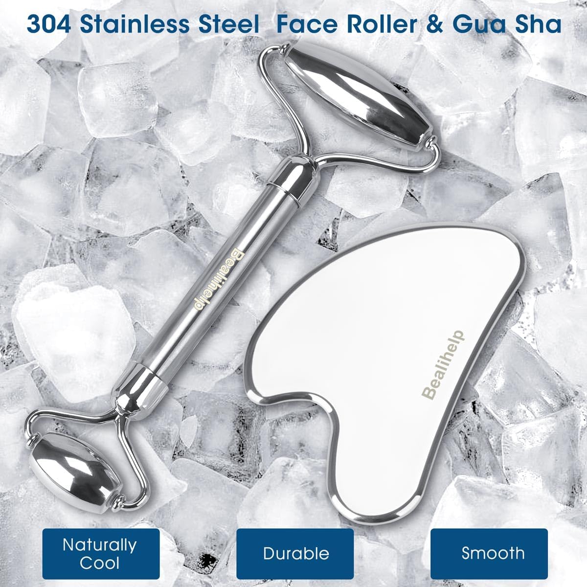 Bealihelp Face Roller & Gua Sha, Stainless Steel Facial Roller and Gua Sha Tool for Face, Skin Care, Anti-Aging, and Lifting