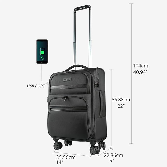 KROSER Softside Expandable Carry On Luggage with Spinner Wheels & Built-in TSA Lock, Durable Suitcase Rolling Luggage with USB Port, Carry-On 20-Inch, Black
