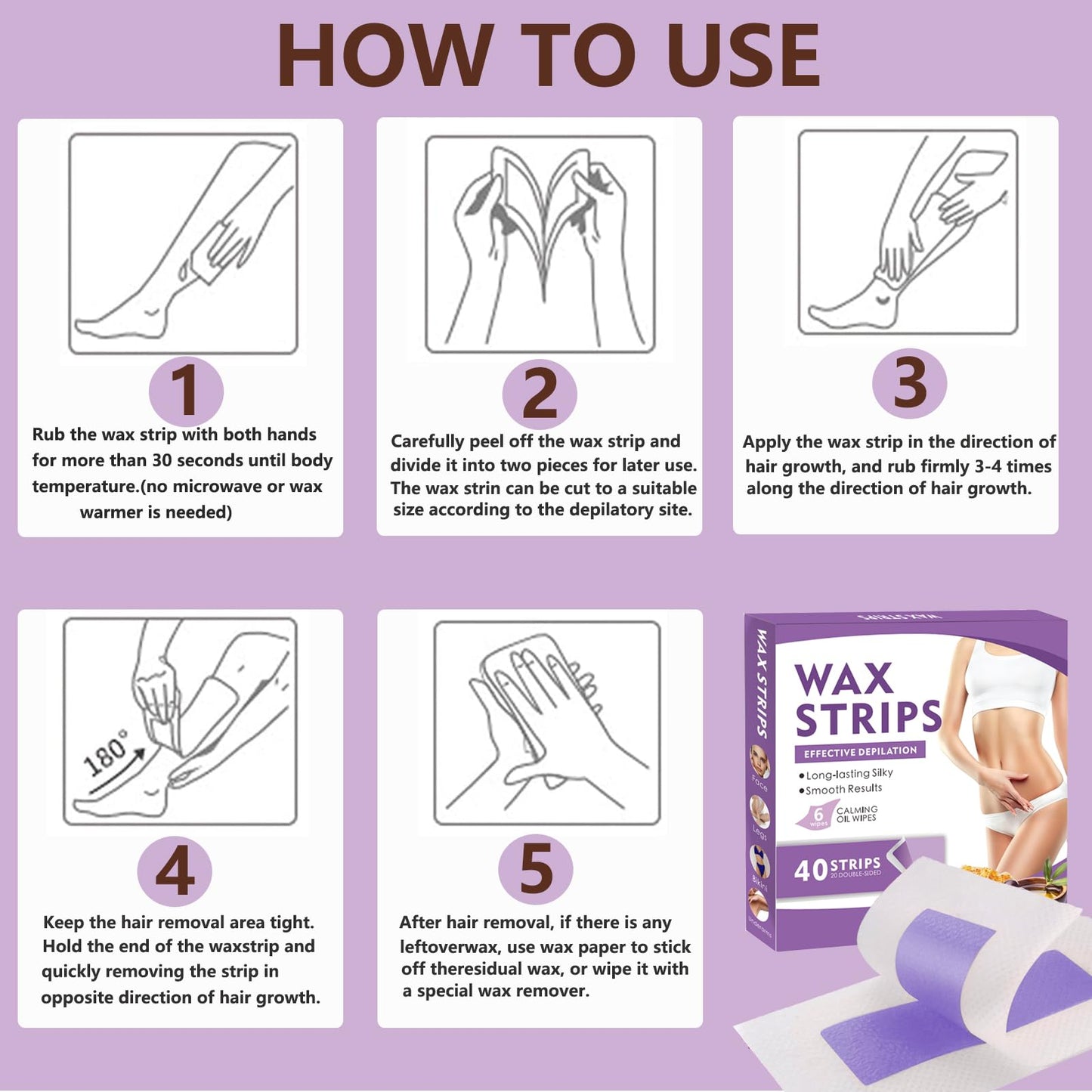 Wax Strips for Hair Removal,Waxing Strips Kit for Women Sensitive All Skin,40 Face Wax Strips & 6 Calming Oil Wipes,Waxing Kit for Women Face,Lips,Body,Legs,Bikini Line,Purple,40 Count (Pack of 1)