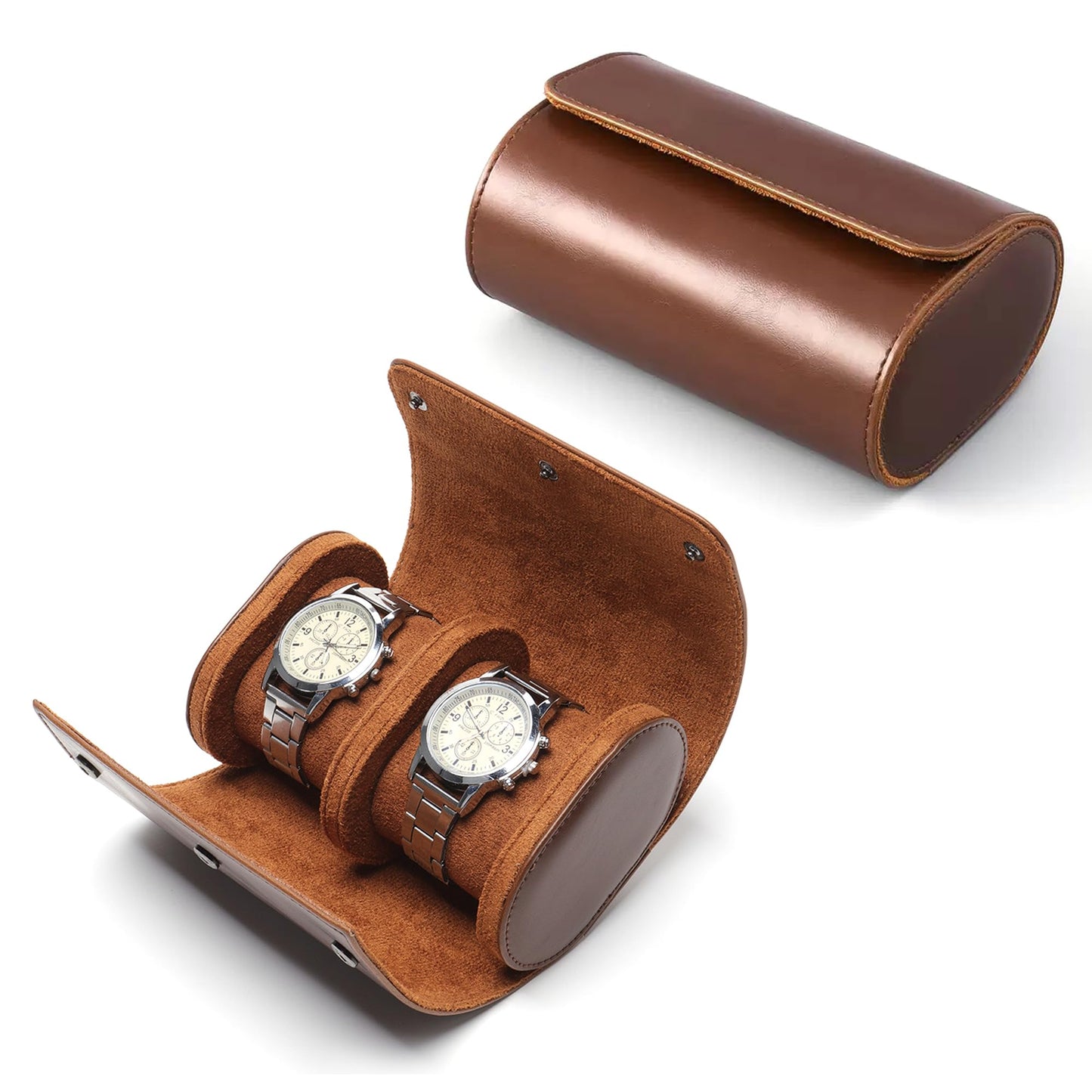 Longjet Watch Roll Travel Case for Men Portable Watches Organizer Box with Removable Velvet Pillow Holder (2 Slot Brown)