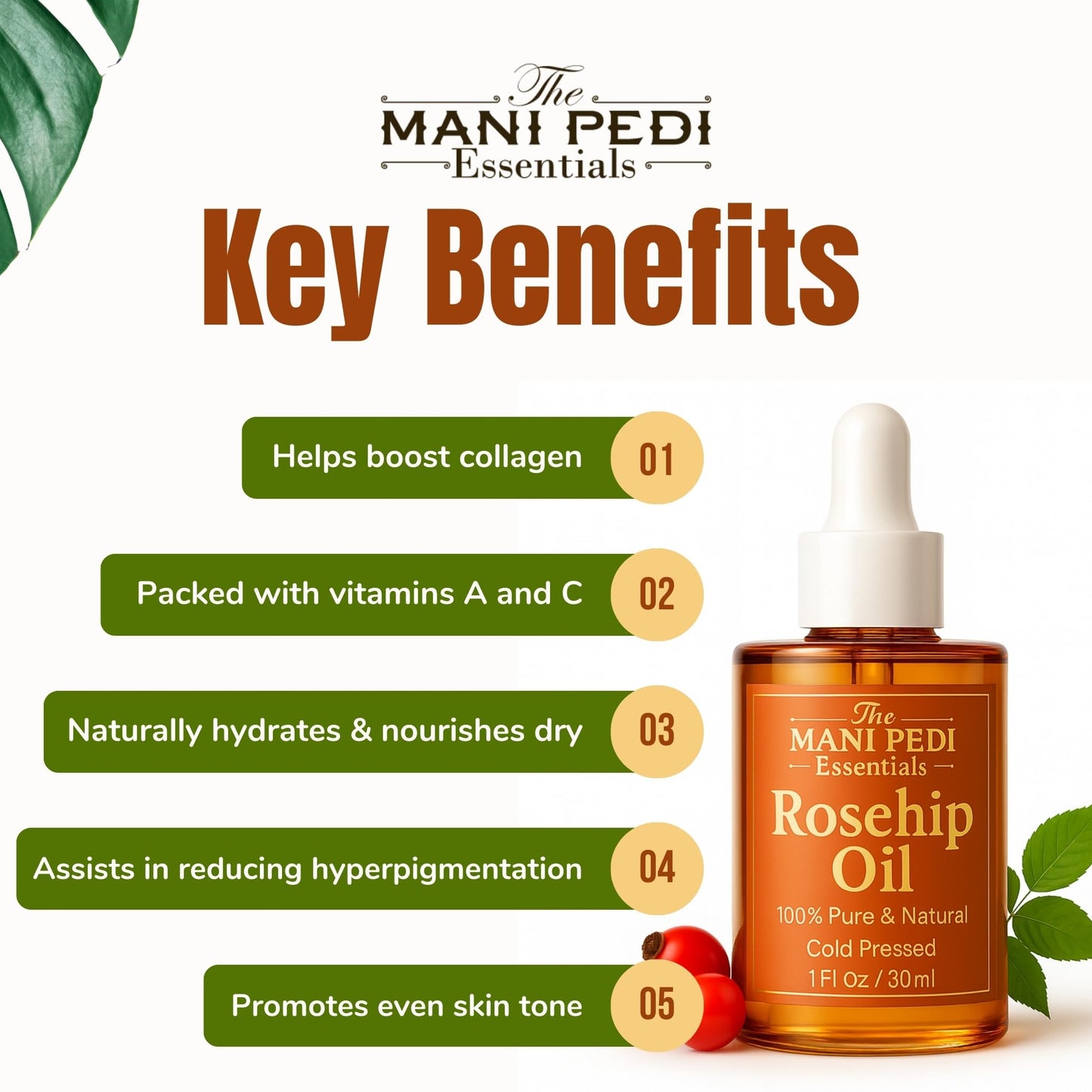 THE MANI PEDI ESSENTIALS Rosehip Oil for Face. 100% Pure, Natural, Cold-Pressed & Organic. Natural wealth of vitamins that help nourish & hydrate your skin - 1 Fl Oz