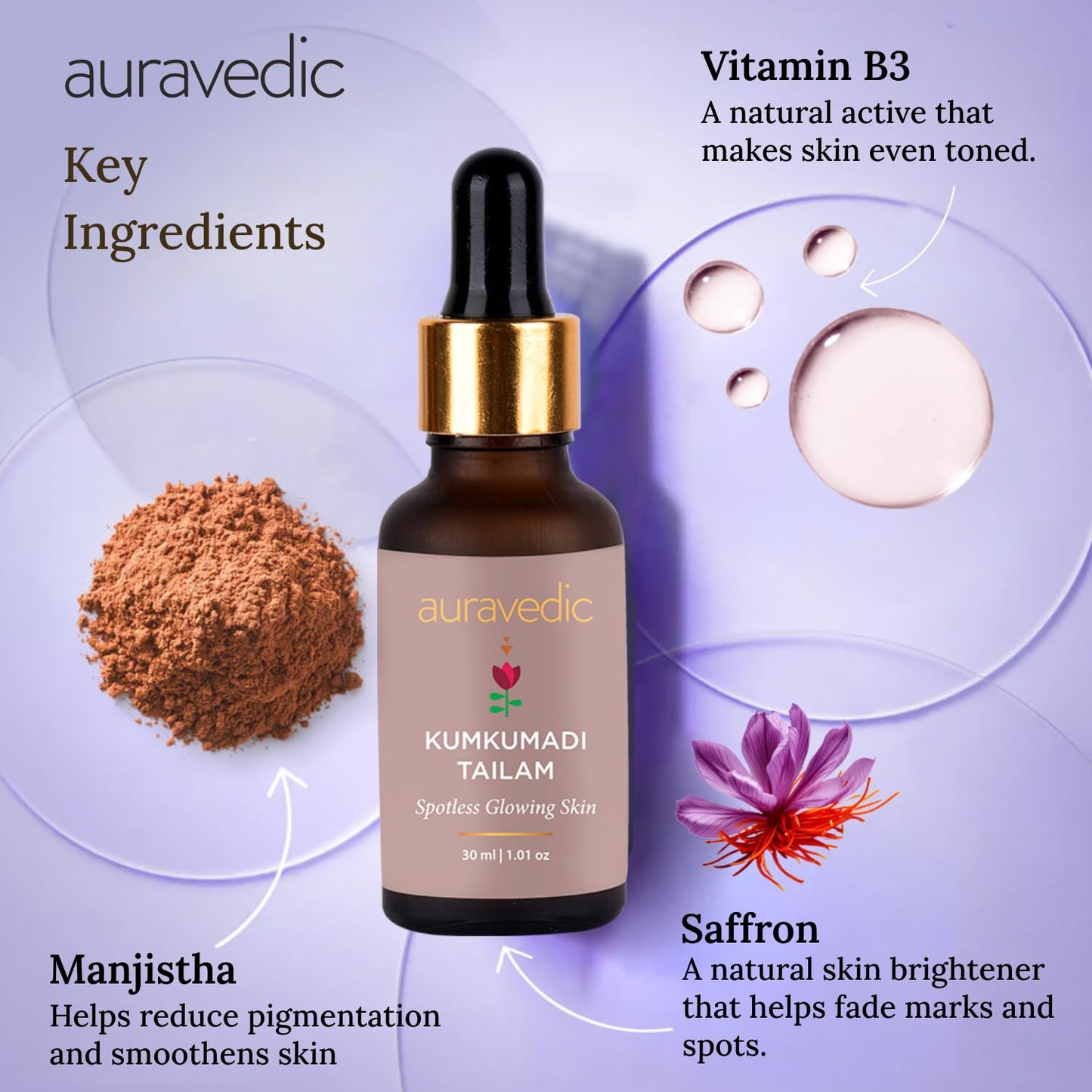 Auravedic Kumkumadi Tailam Face Oil | Helps Reduce Fine Lines & Spots | Hydrates Dry & Dehydrated Skin | Fast-Absorbing & Lightweight | Saffron Facial Moisturizer for Glowing Skin | 1.01 Fl Oz (30ml)