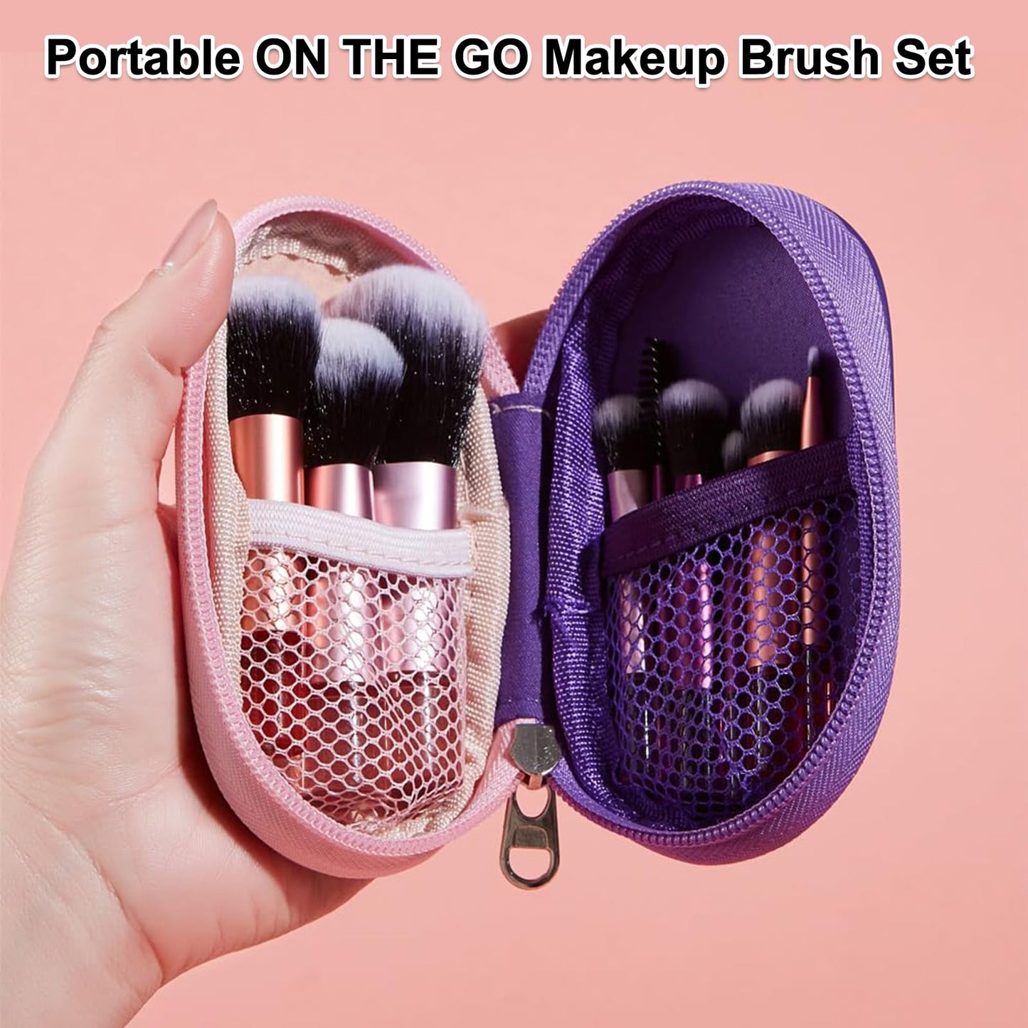 Kingtree Travel Makeup Brush Set, 10Pcs Mini Makeup Brushes with Pouch Portable ON THE GO Makeup Brushes Travel Set, Easy-taken Full Complete Function Cosmetic Brushes for Flawless Makeup Looks