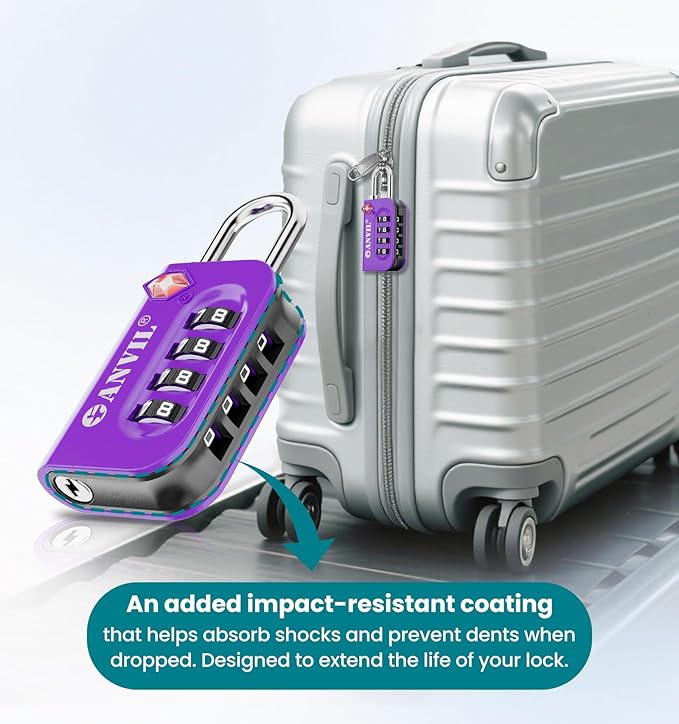 ANVIL TSA Approved Luggage Lock - 4 Digit Combination, 10,000 Combinations, Easy-Read Password Window, Travel Lock for Suitcases, Backpacks, Gym & Student Lockers, Baggage