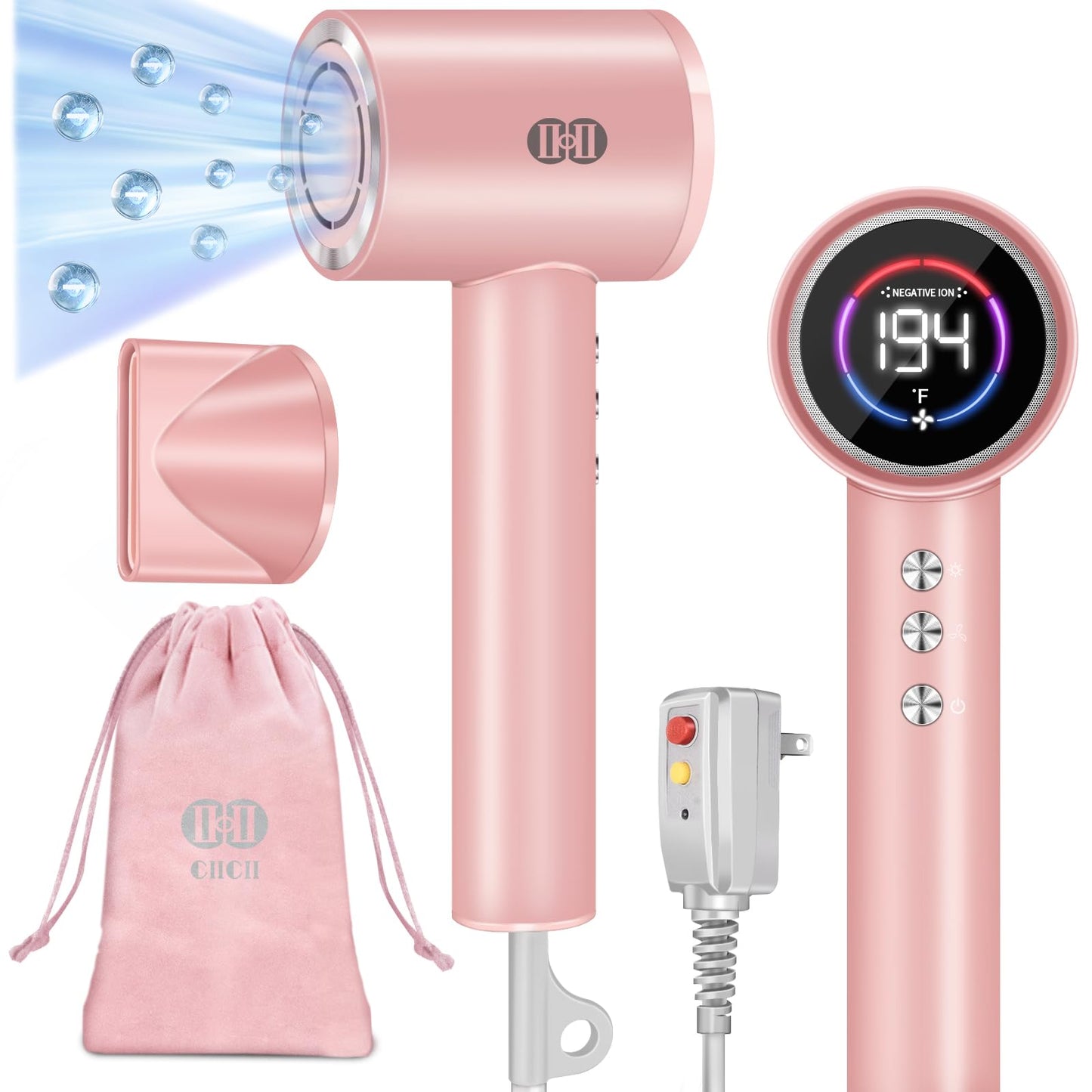 CIICII Negative Ionic Hair Dryer Professional, 120000RPM High Speed Blow Dryer (1600W Brushless/ 3-Speed/ 4-Temp & HD Display & Portable Bag) Fast Drying Hairdryer for Home, Travel & Salon (Pink)