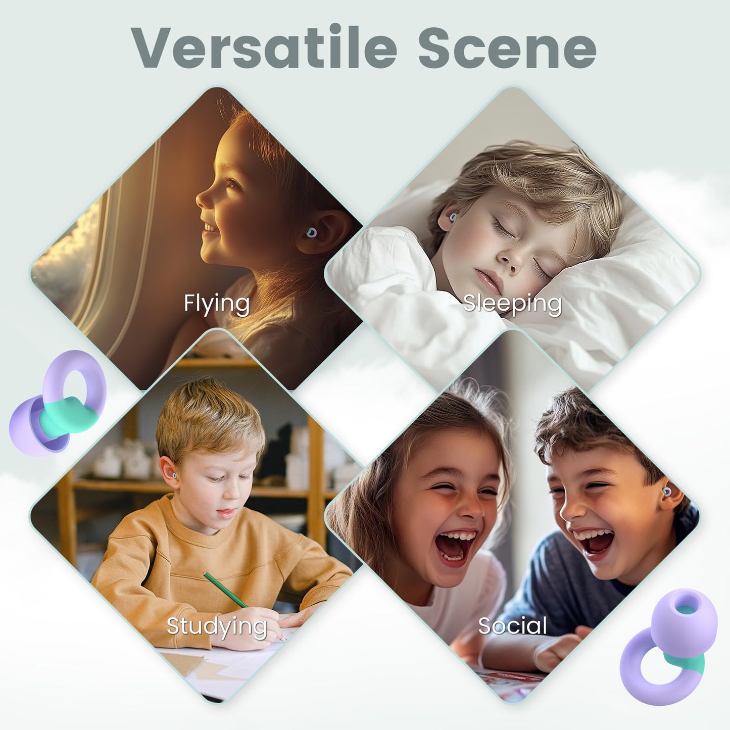 JUSTRVN Kids Ear Plugs(6+yrs)-2 Pairs of Reusable Noise Reduction Earplugs for Small Canal With 6 Tips,Soft Silicone Earplugs for Sleeping,Focus,Travel,Socializing,Concert&Hearing Protection 25dB-30dB