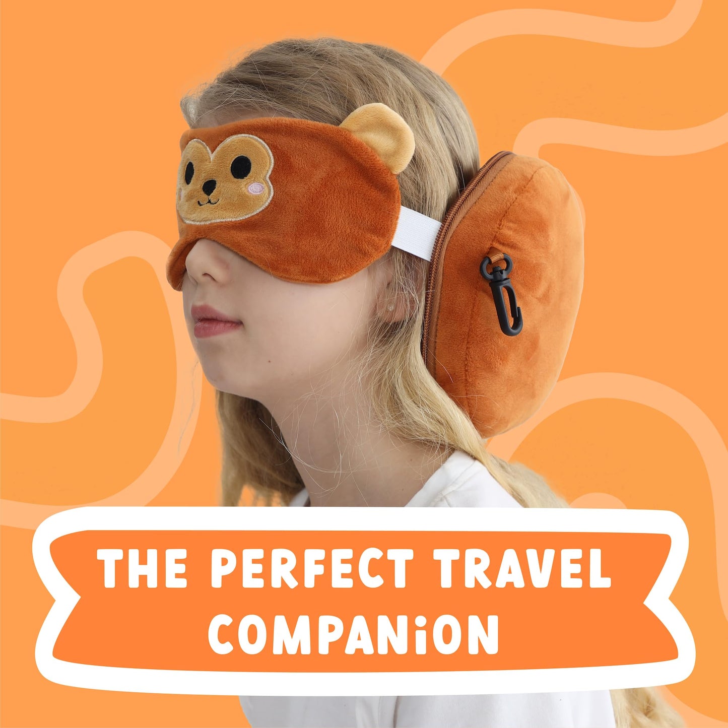 ecoZen Lifestyle Travel Pillow Set with Eye Mask - Comfort for Traveling Kids - Soft and Supportive Kids Sleep Mask Neck Pillow for Plane, Car, or Train Journeys - Monkey Design