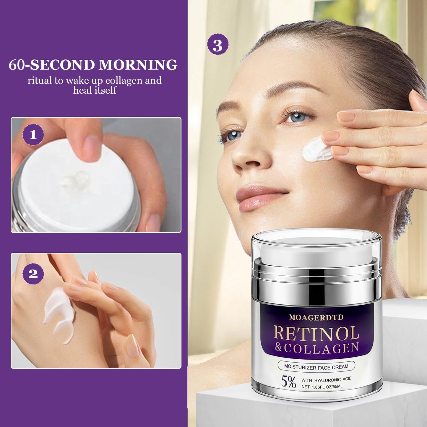 Retinol Collagen Cream is a Anti-aging and deeply hydrating formula. It's loaded with retinol and hyaluronic acid, making it suitable for use both during the day and at night 1.86 Fl Oz