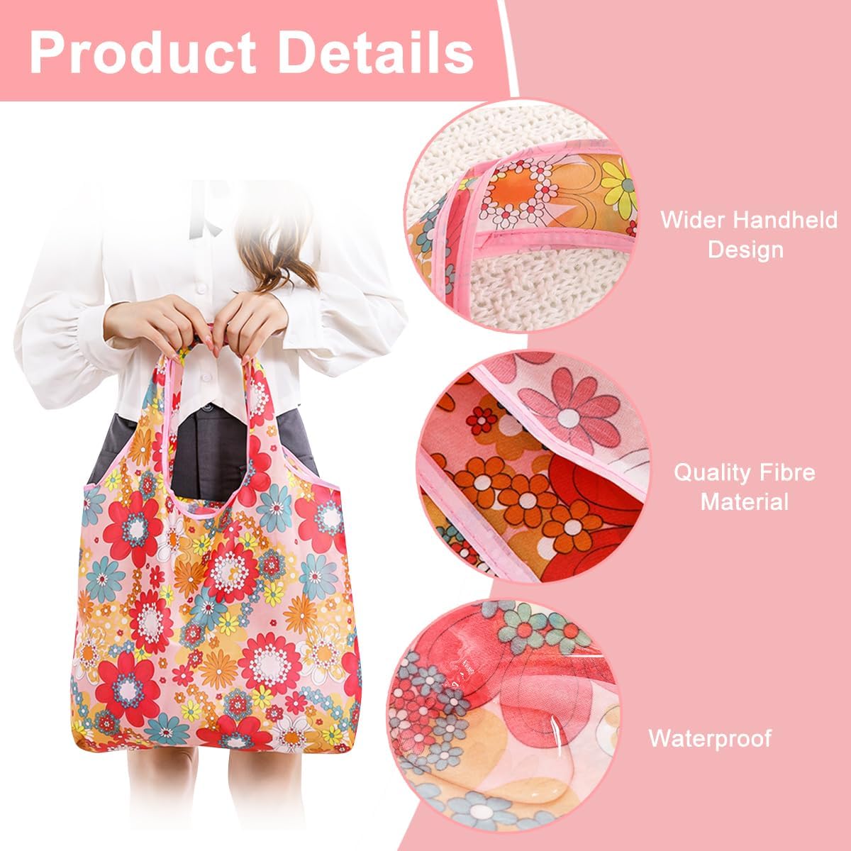 DIBALIYI 8 Pcs Reusable Floral Grocery Bags, Foldable Washable Fashion Shopping Bags, Portable Eco-friendly Tote Bag Gifts for Women, Cute Waterproof Flower Travel Recycle Bag for Supermarket (8Pcs)