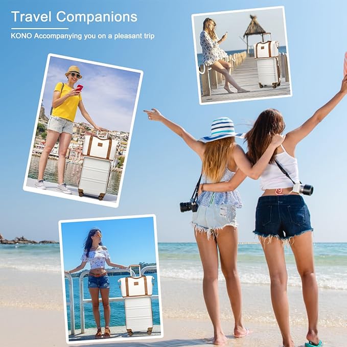 Kono Luggage Set 4 Piece Carry On Hardside Luggage with TSA Lock Spinner Wheels Carry On Suitcase Cream White