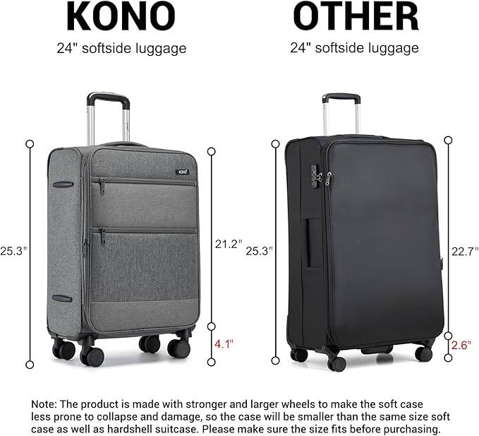 Kono 24 Inch Softside Expandable Checked Luggage with 8 Spinner Wheels TSA Lock Softshell Lightweight Business Travel Suitcase for Men and Women, Grey