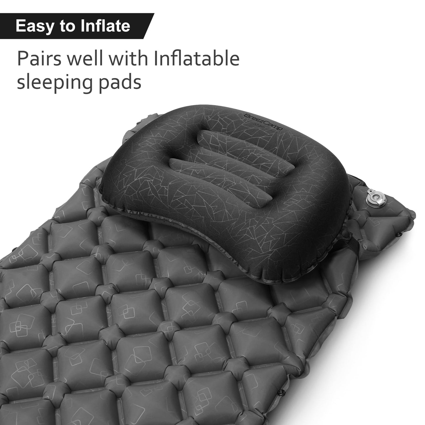 BreezCamp Inflatable Camping Pillow, Travel Blow Up Air Pillow, Neck Lumbar Support Ultralight Compact Pillow for Outdoor Hiking Backpacking Car Beach Airplane Sleeping Essentials, Black