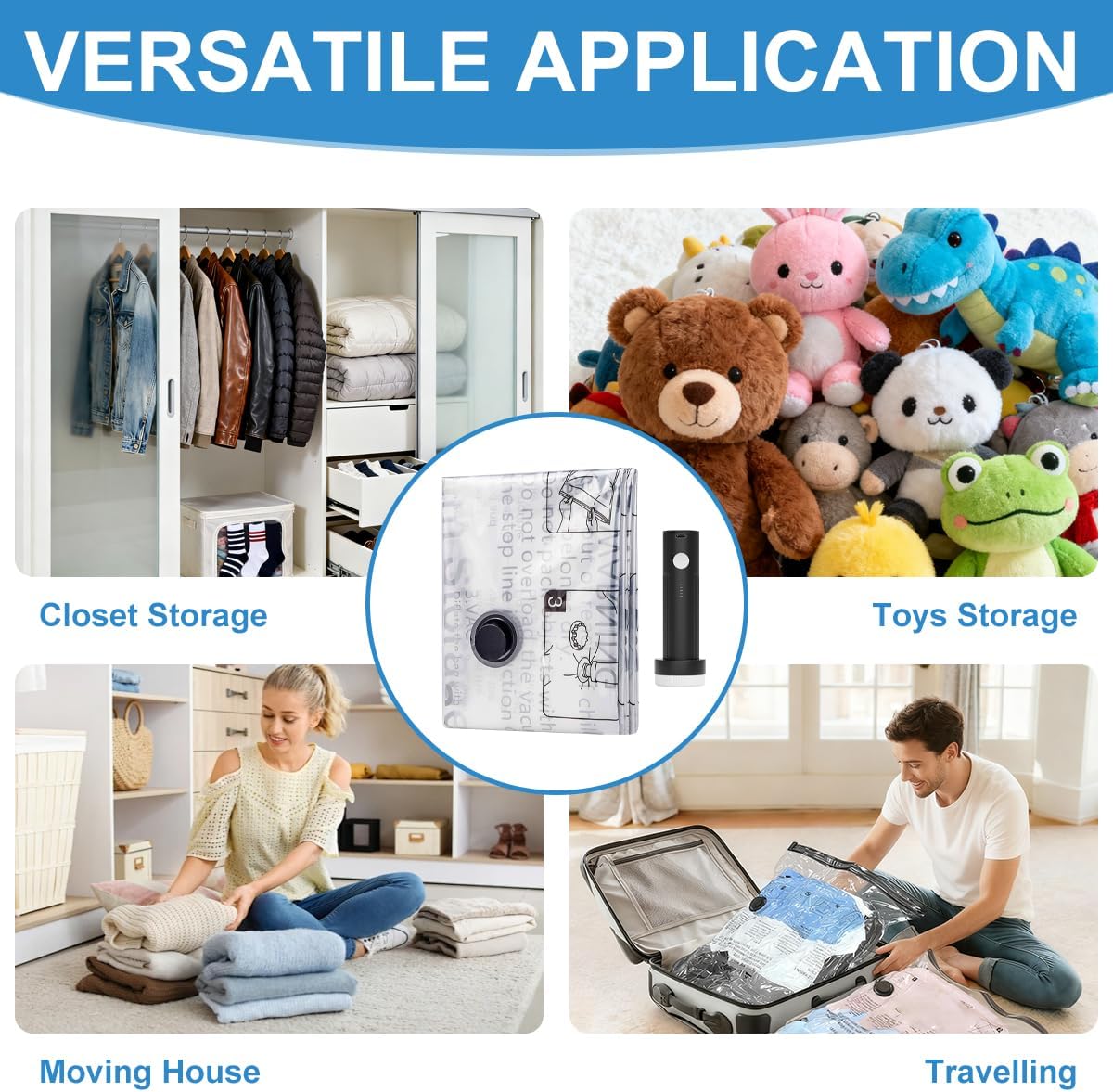 Space Saver Vacuum Storage Bag With Pump for Clothing,Travel Vacuum Seal Bag Vacuum Packing Bags for Luggage, Blankets, Bedding and Home Storage (10 Small)